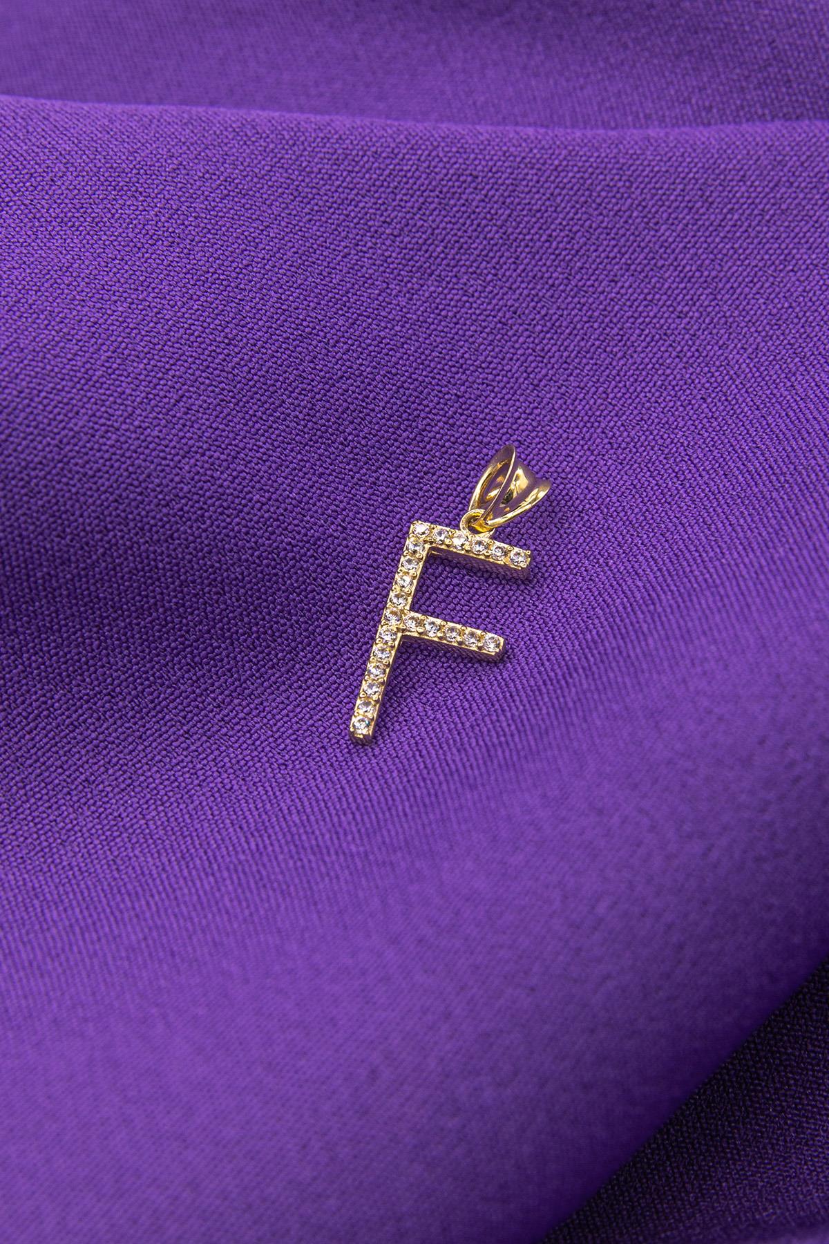 14K Gold Stone F Letter Charm