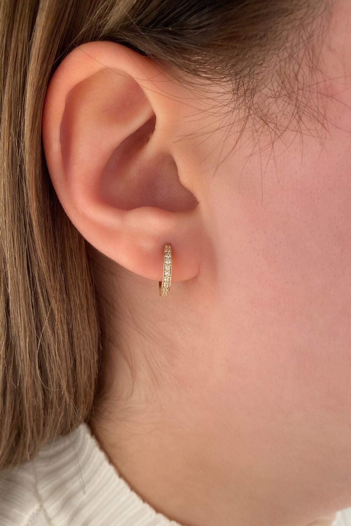 14K Gold Stone Huggie Hoop Earrings 3