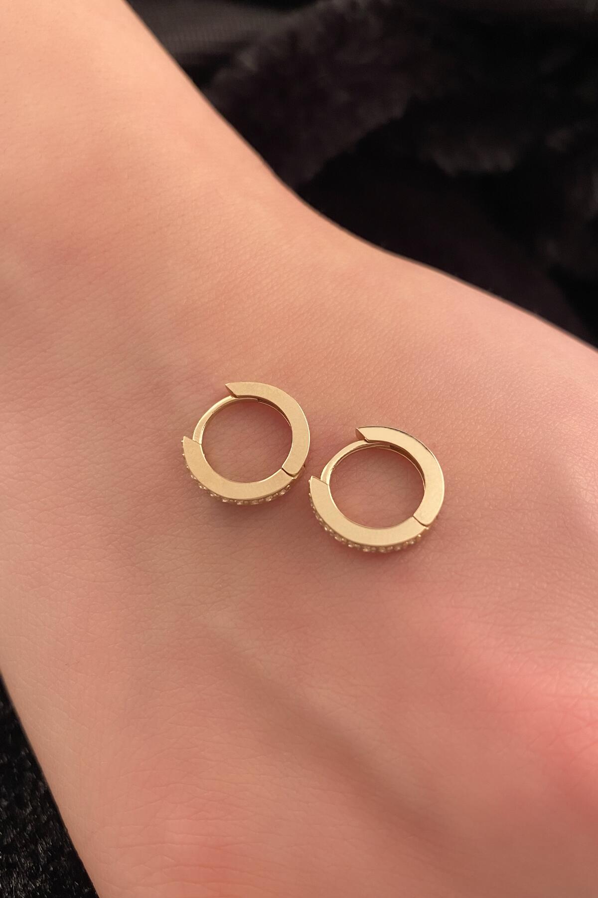 14K Gold Stone Huggie Hoop Earrings 3