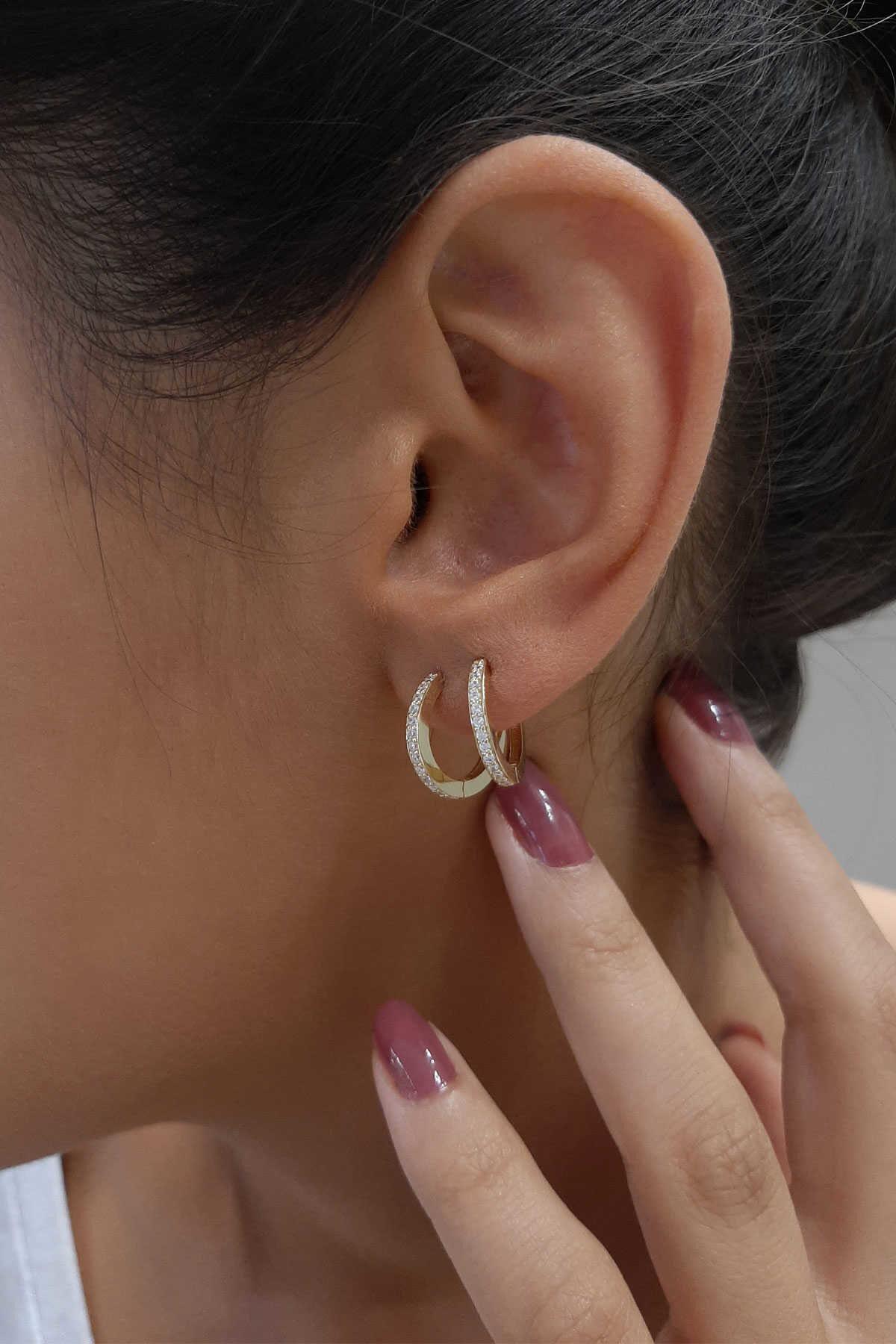 14K Gold Stone Huggie Hoop Earrings