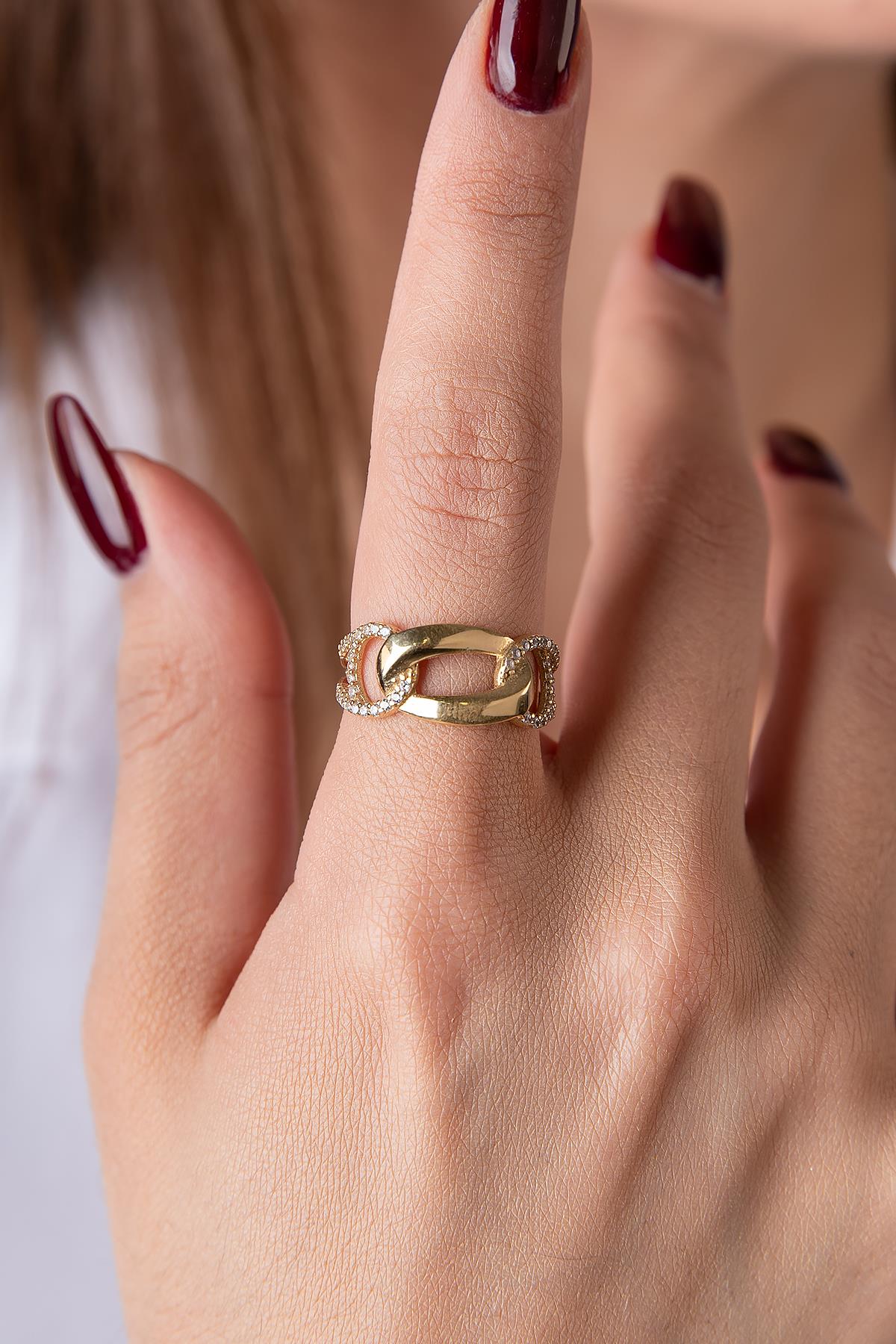 14K Gold Stone Paperclip Hoop Ring