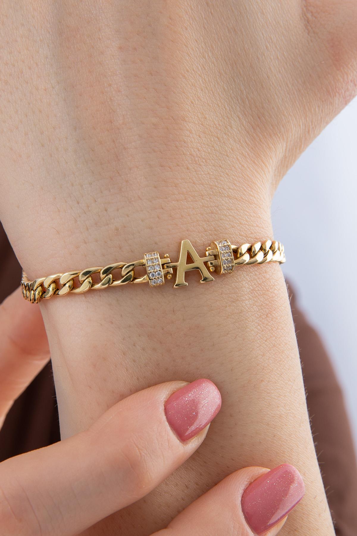 14K Gold Stone Personalized A Initial Letter Bracelet