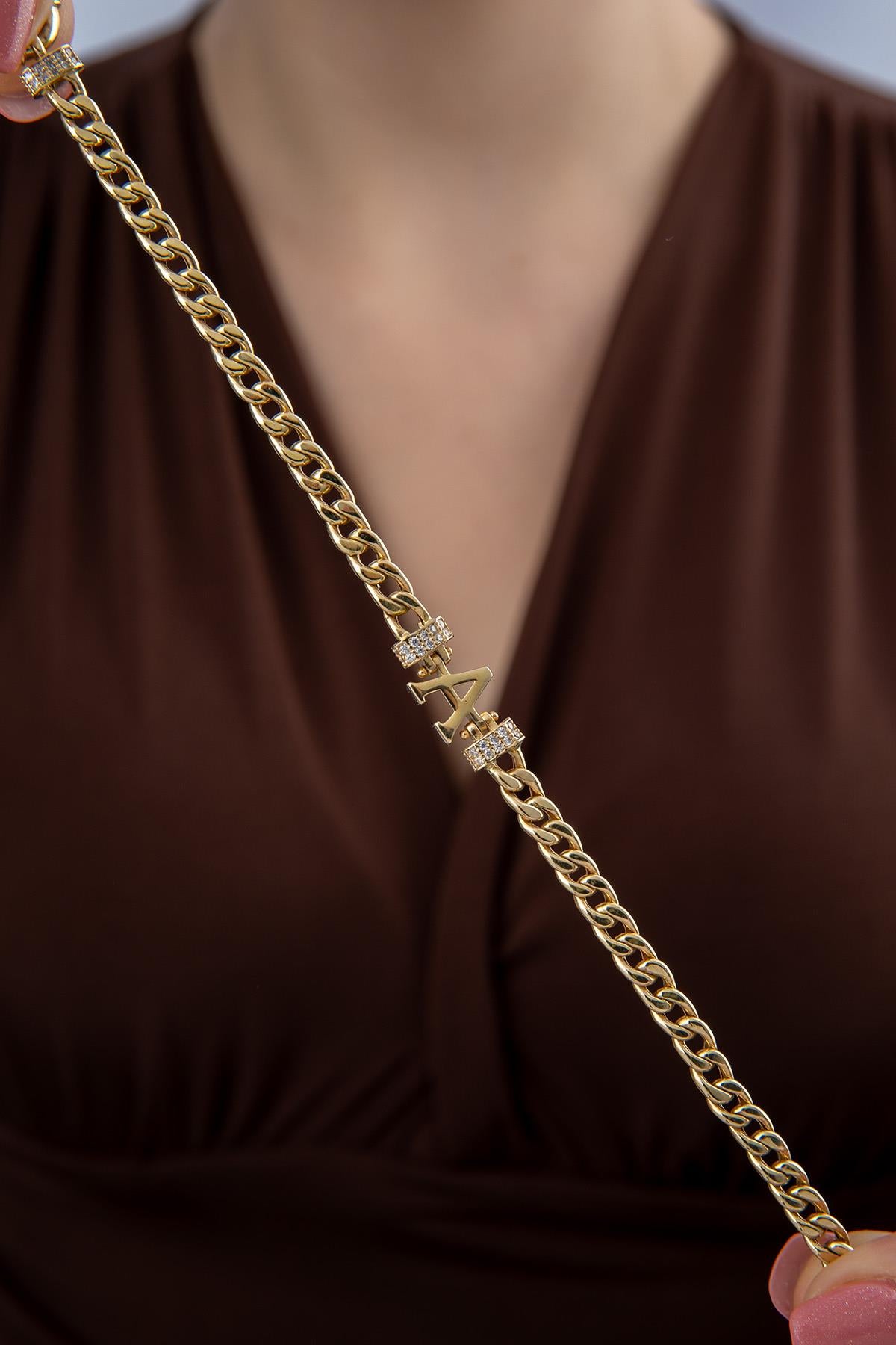 14K Gold Stone Personalized A Initial Letter Bracelet