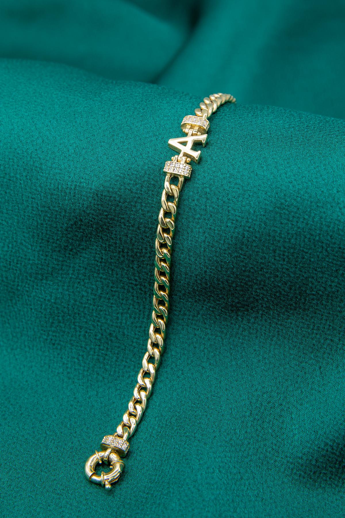 14K Gold Stone Personalized A Initial Letter Bracelet
