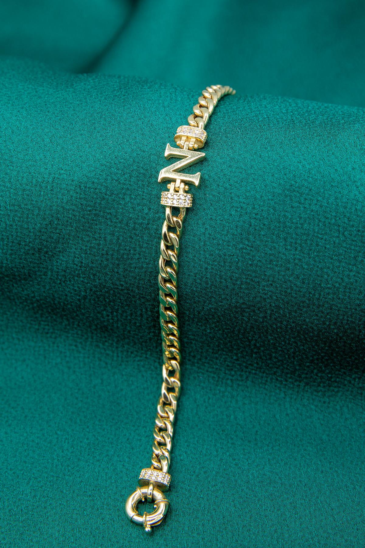 14K Gold Stone Personalized N Initial Letter Bracelet