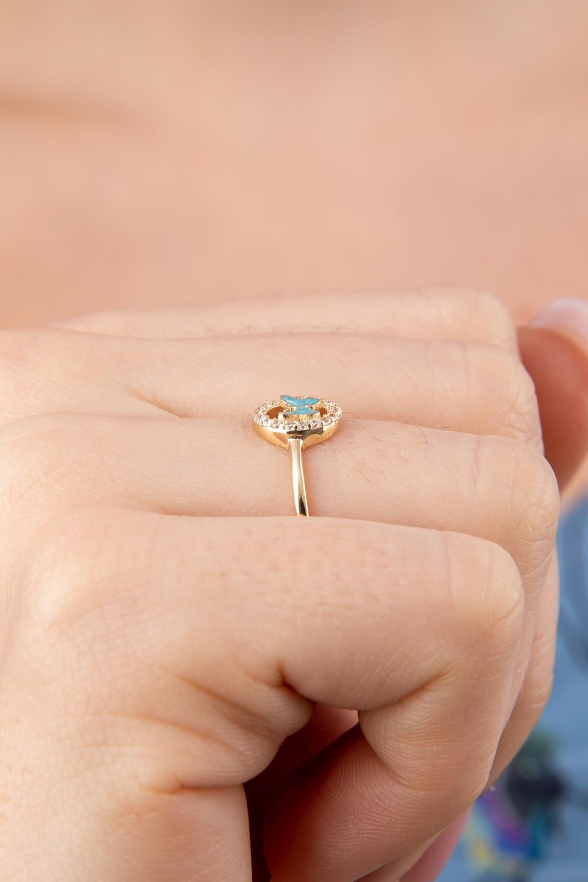 14K Gold Stoned Blue Enamel Butterfly Ring With Stone