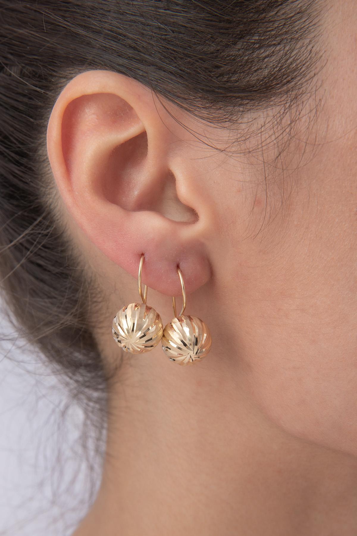14K Gold Straight Patterned Euroball Earrings ( Big )