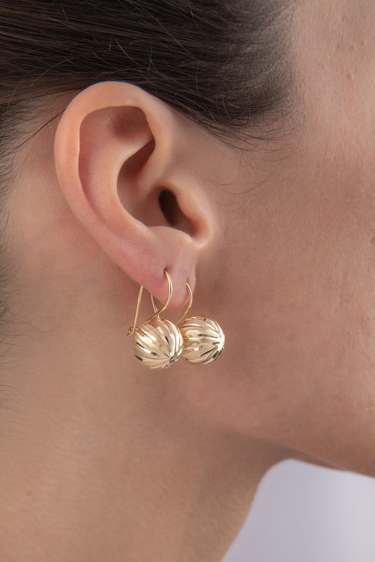 14K Gold Straight Patterned Euroball Earrings ( Big )