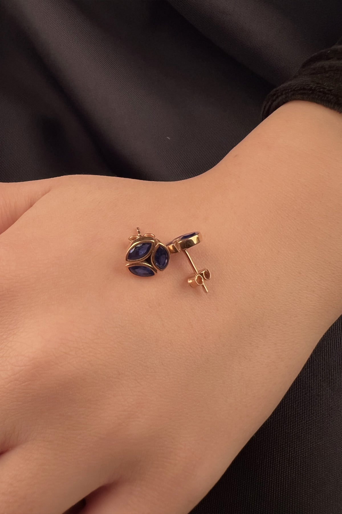 14K Gold Stud Triple Blue Stone Earrings