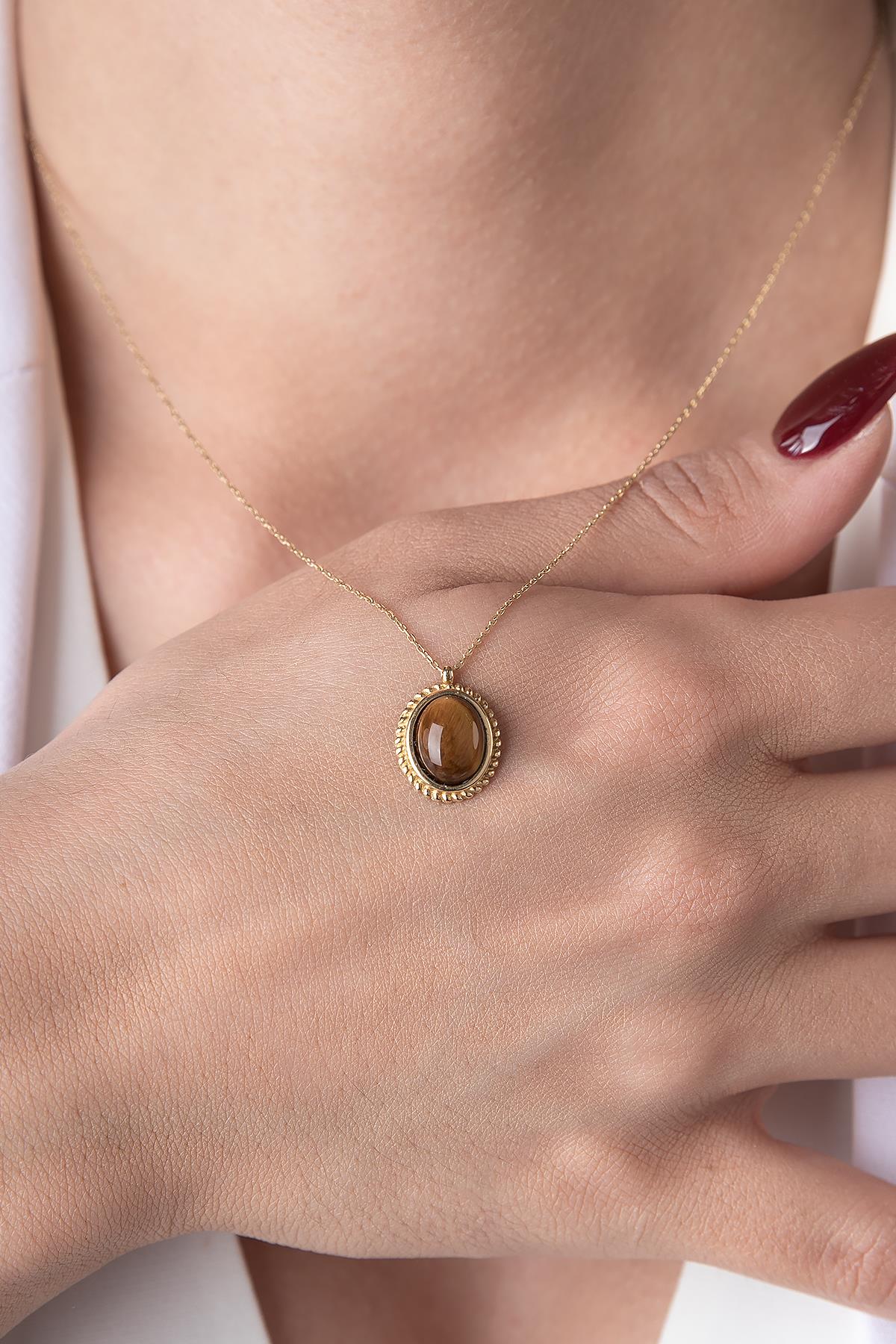 14K Gold Tiger Eye Natural Stone Necklace