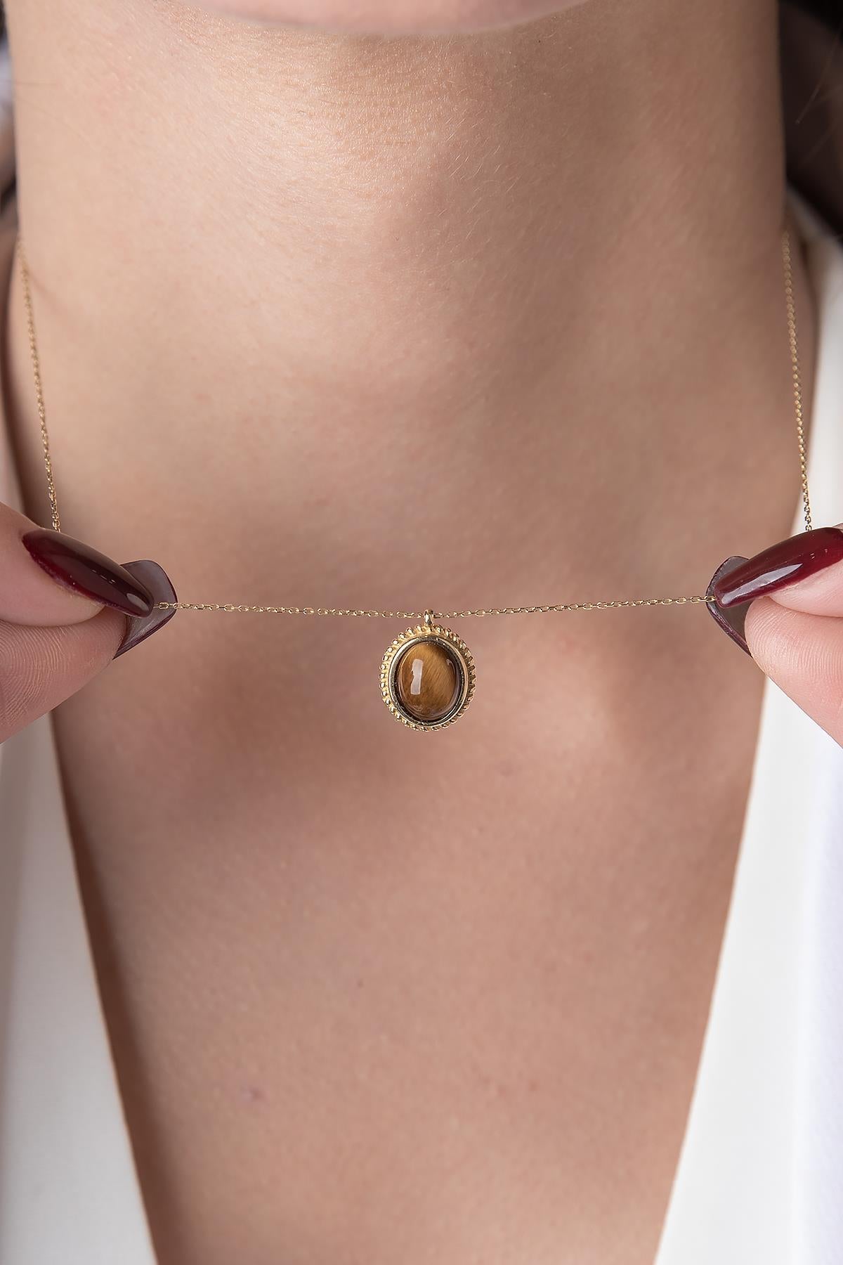 14K Gold Tiger Eye Natural Stone Necklace