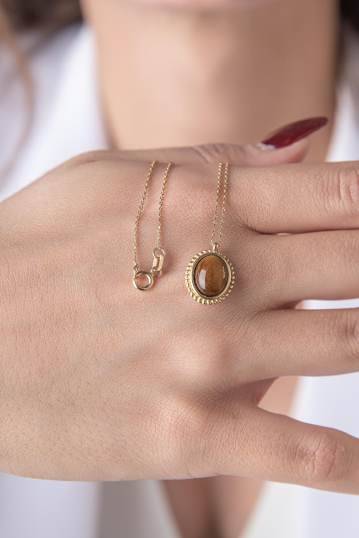 14K Gold Tiger Eye Natural Stone Necklace