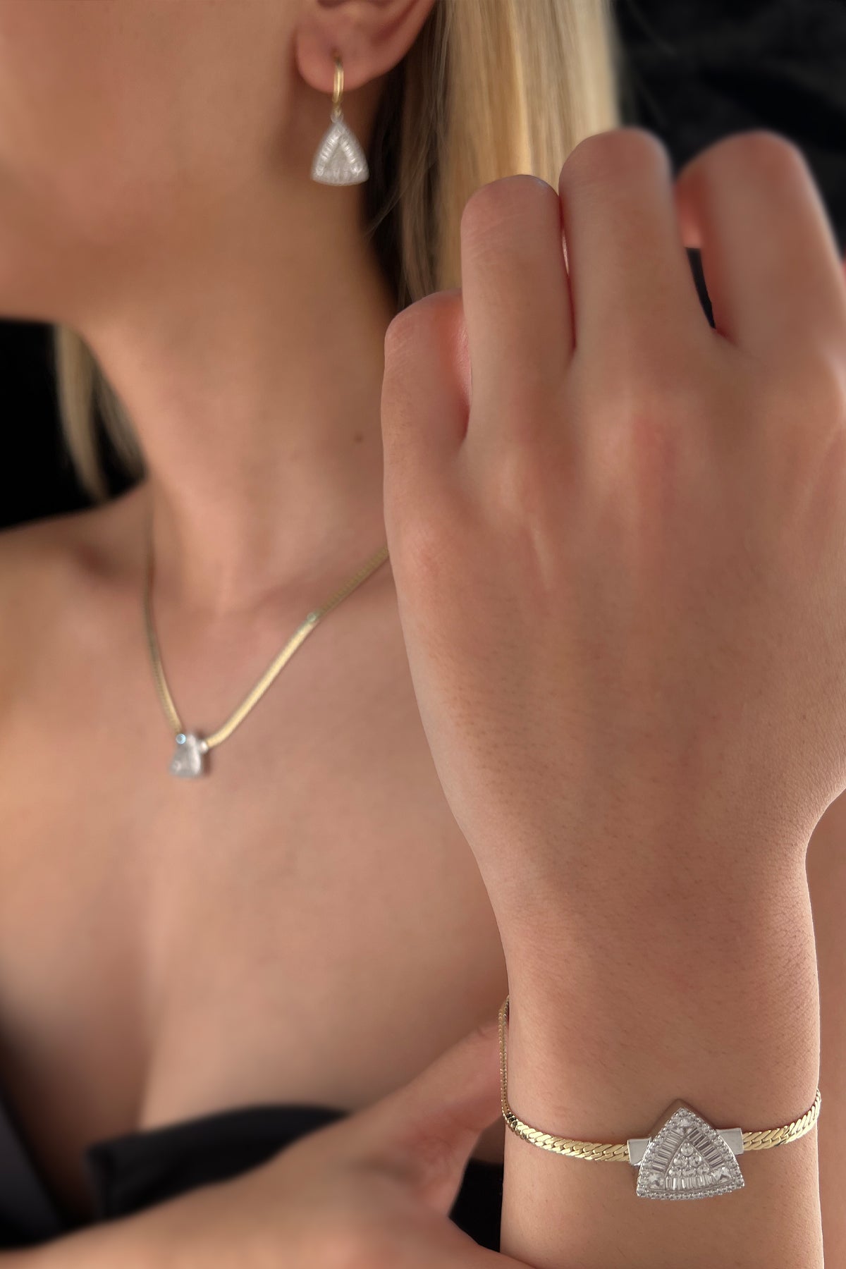 14K Gold Triangle Shape Baguette Set ( Necklace - Bracelet - Earrings )
