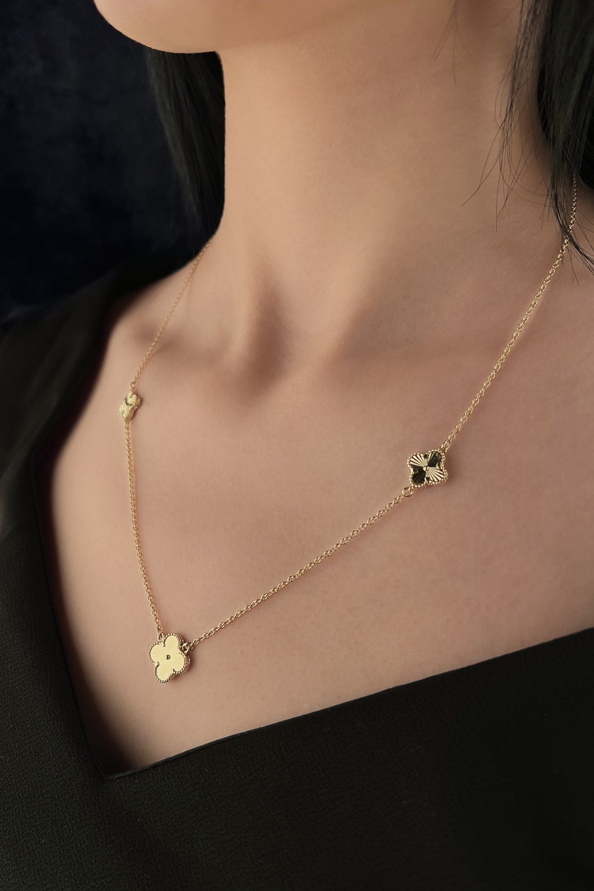 14K Gold Triple Sunburst Clover Set ( Necklace - Earrings - Ring - Bracelet )
