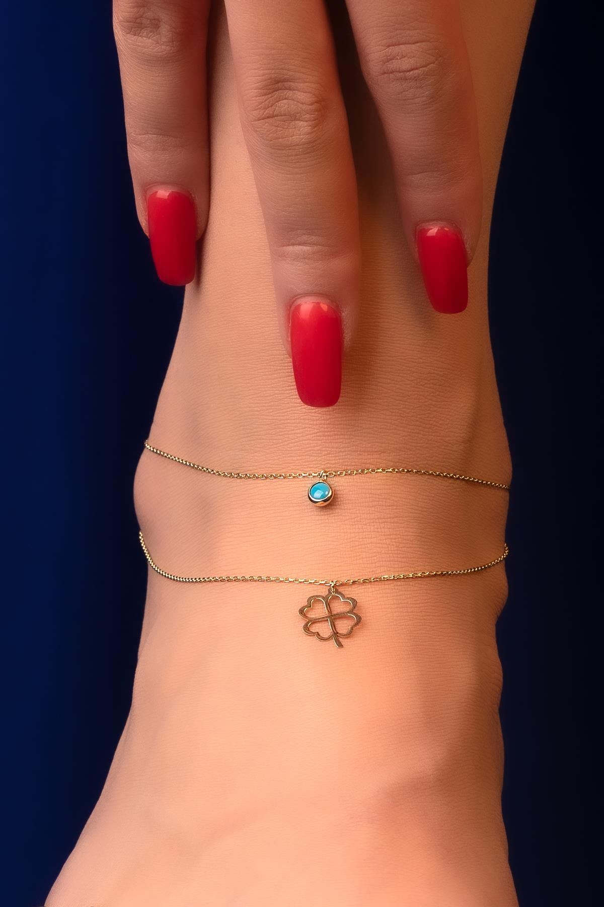14K Gold Turquoise Clover Anklet