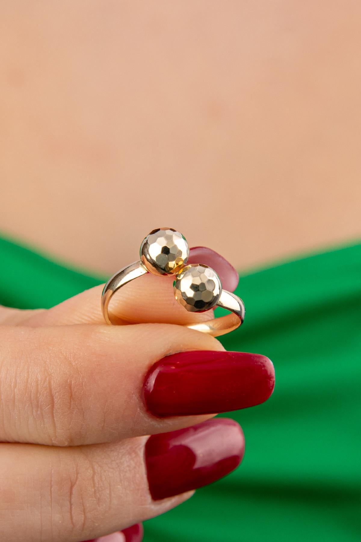 14K Gold Two Faceted Ball Ring