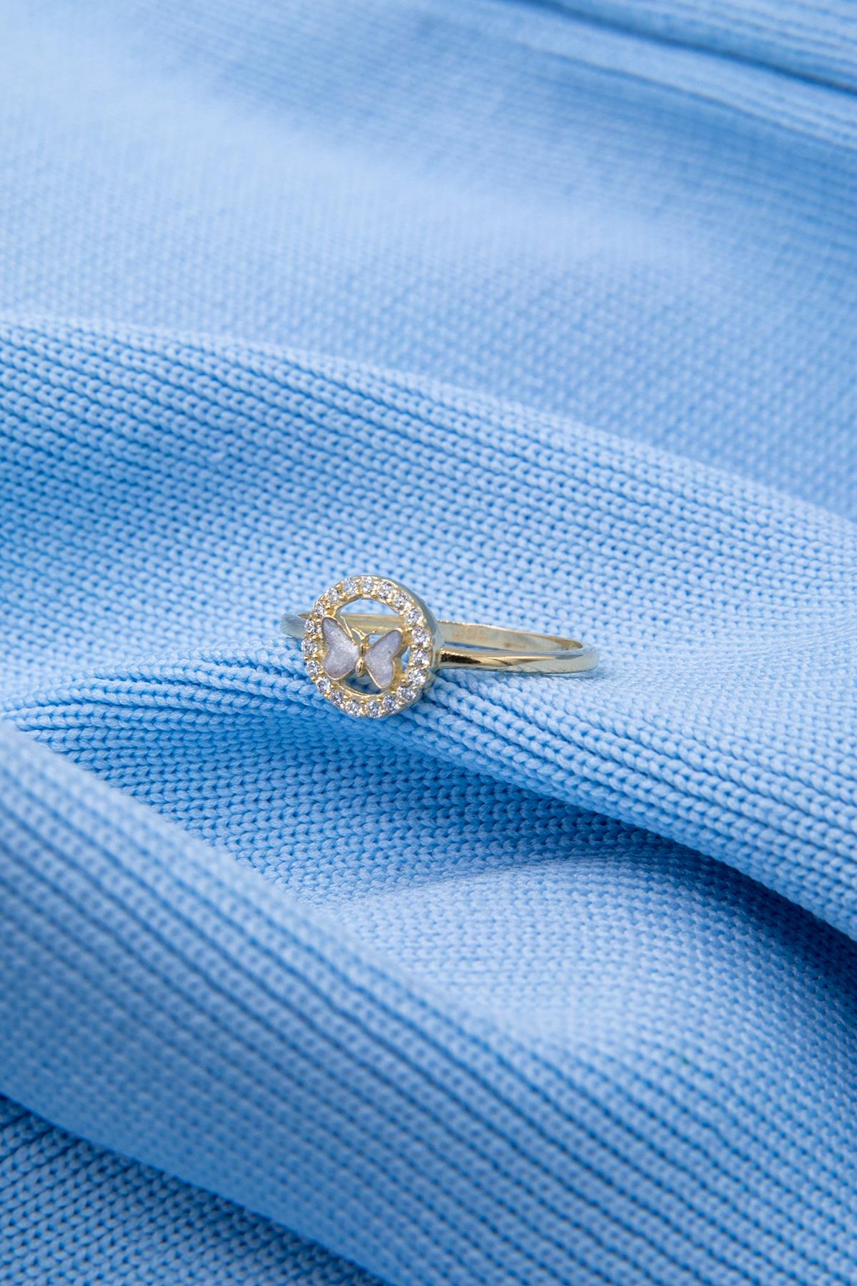 14K Gold White Enamel Butterfly Ring With Stone