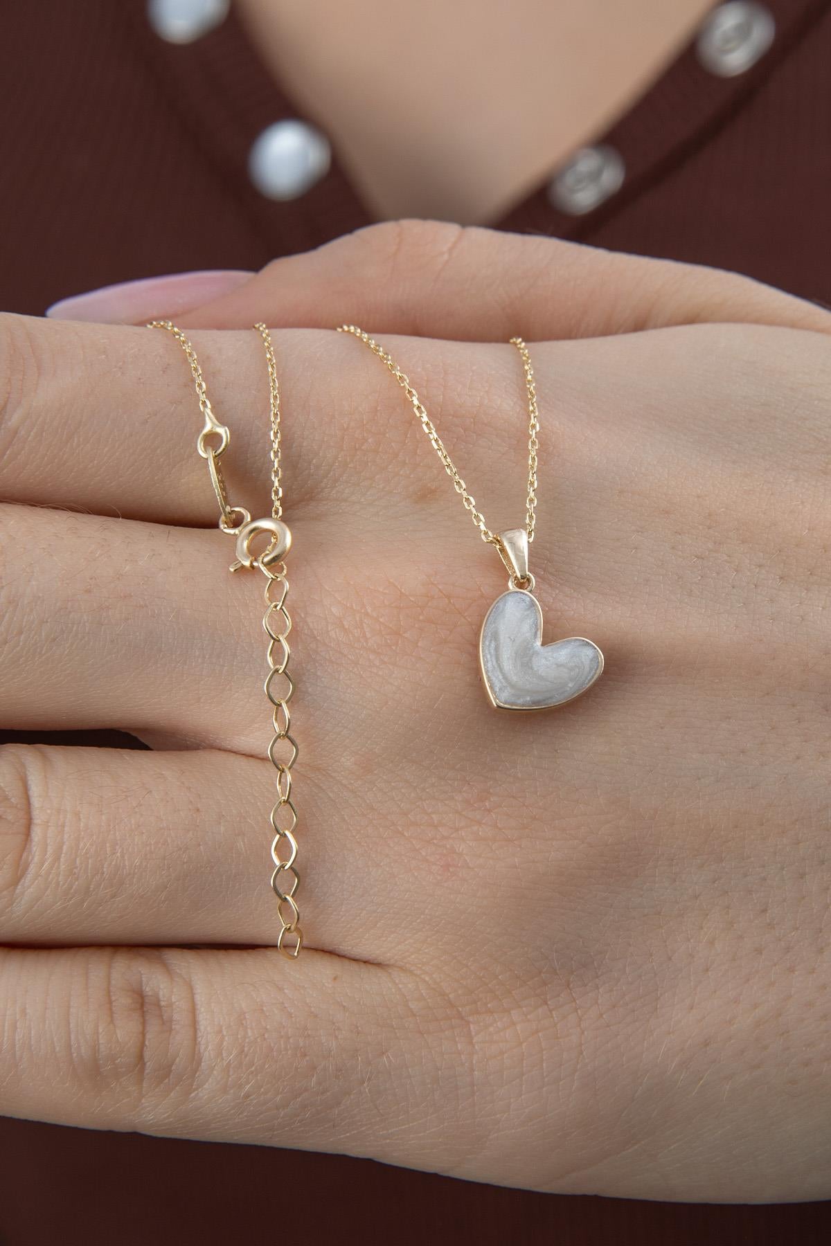 14K Gold White Enamel Small Heart Shape Necklace