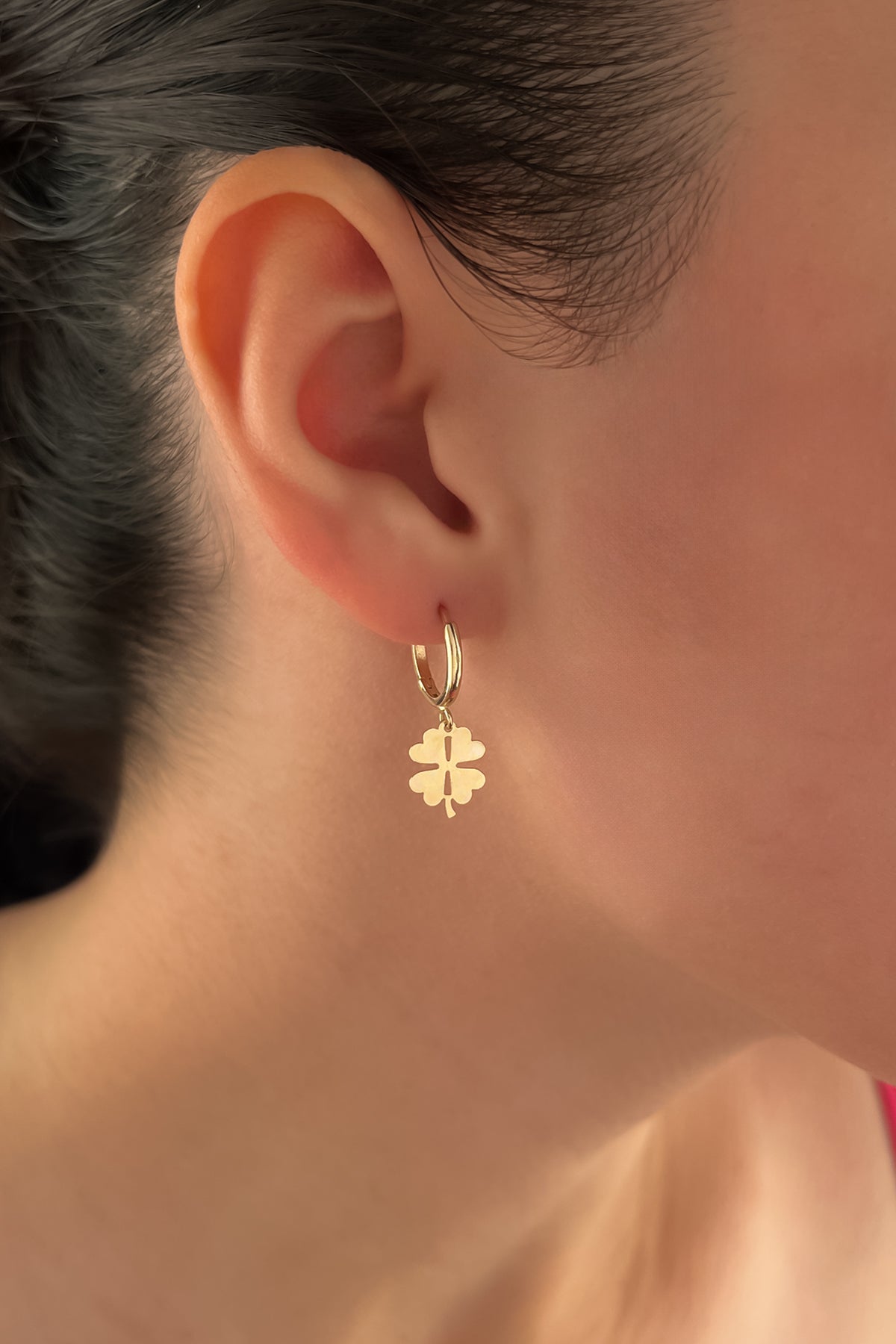 14K Gold Clover Dangle Huggie Earrings