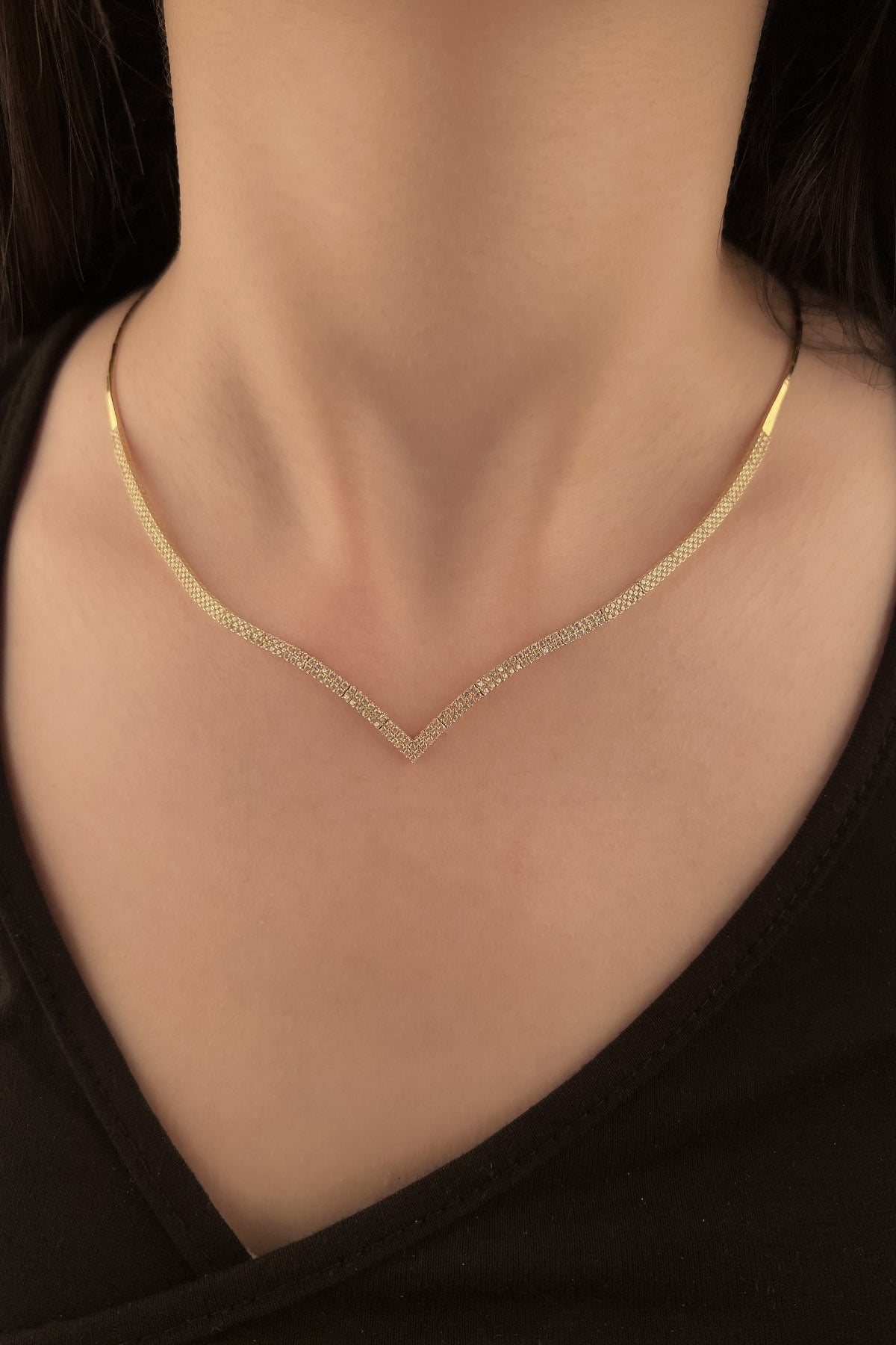 14K Gold Sergeant Shape Tennis Necklace