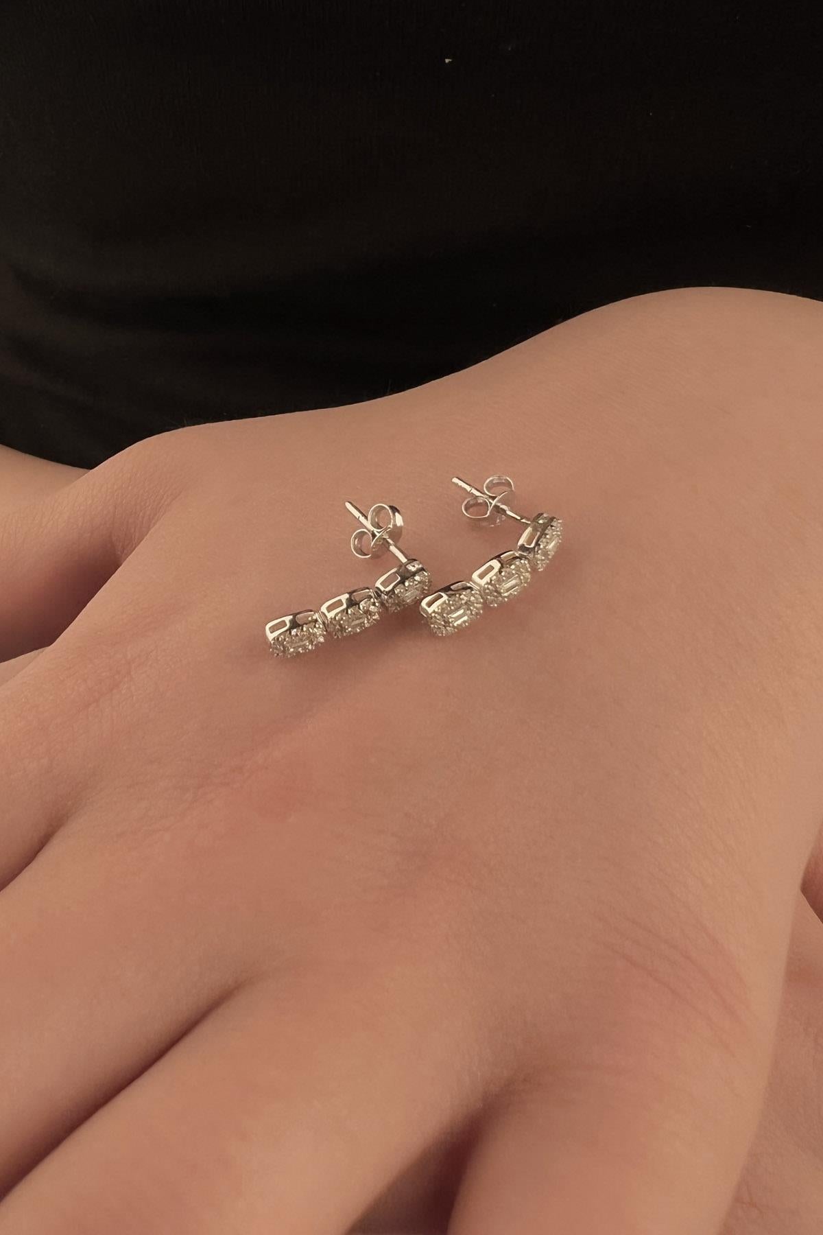 14ct Gold Baguette Cut Cluster Earrings