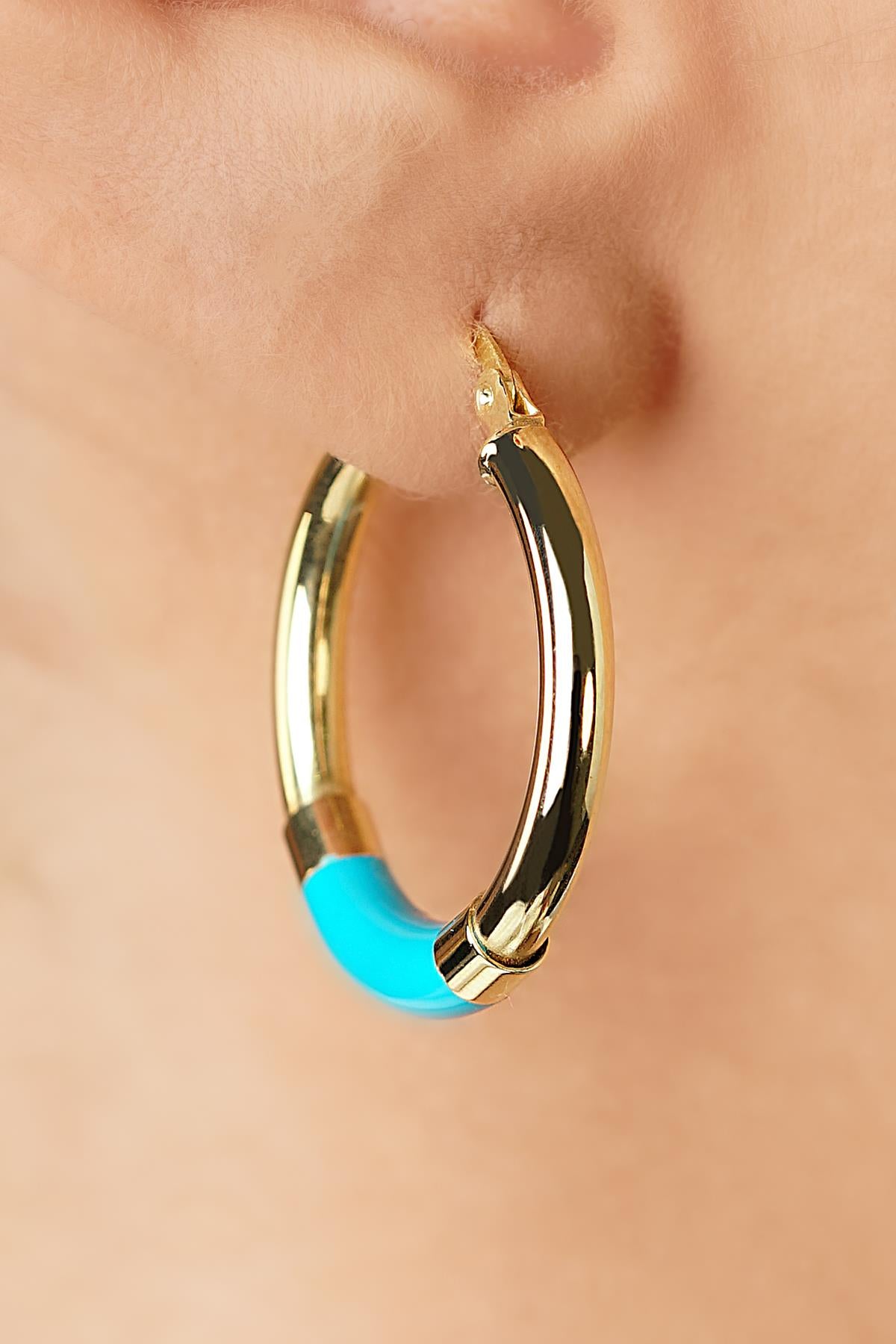 14ct Gold Blue Enamel Hoop Earrings