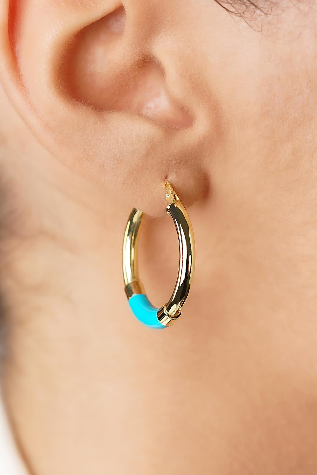 14ct Gold Blue Enamel Hoop Earrings