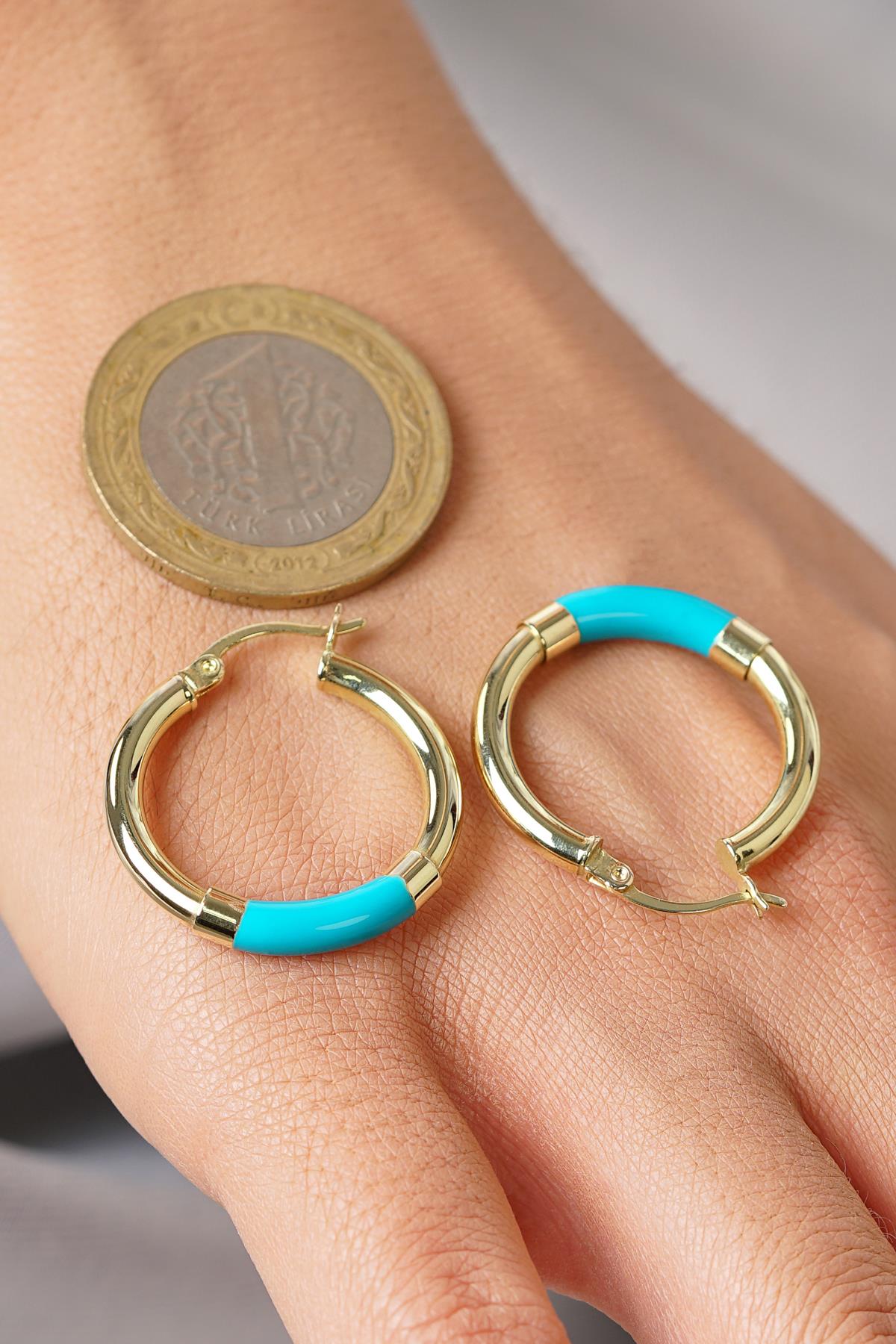 14ct Gold Blue Enamel Hoop Earrings