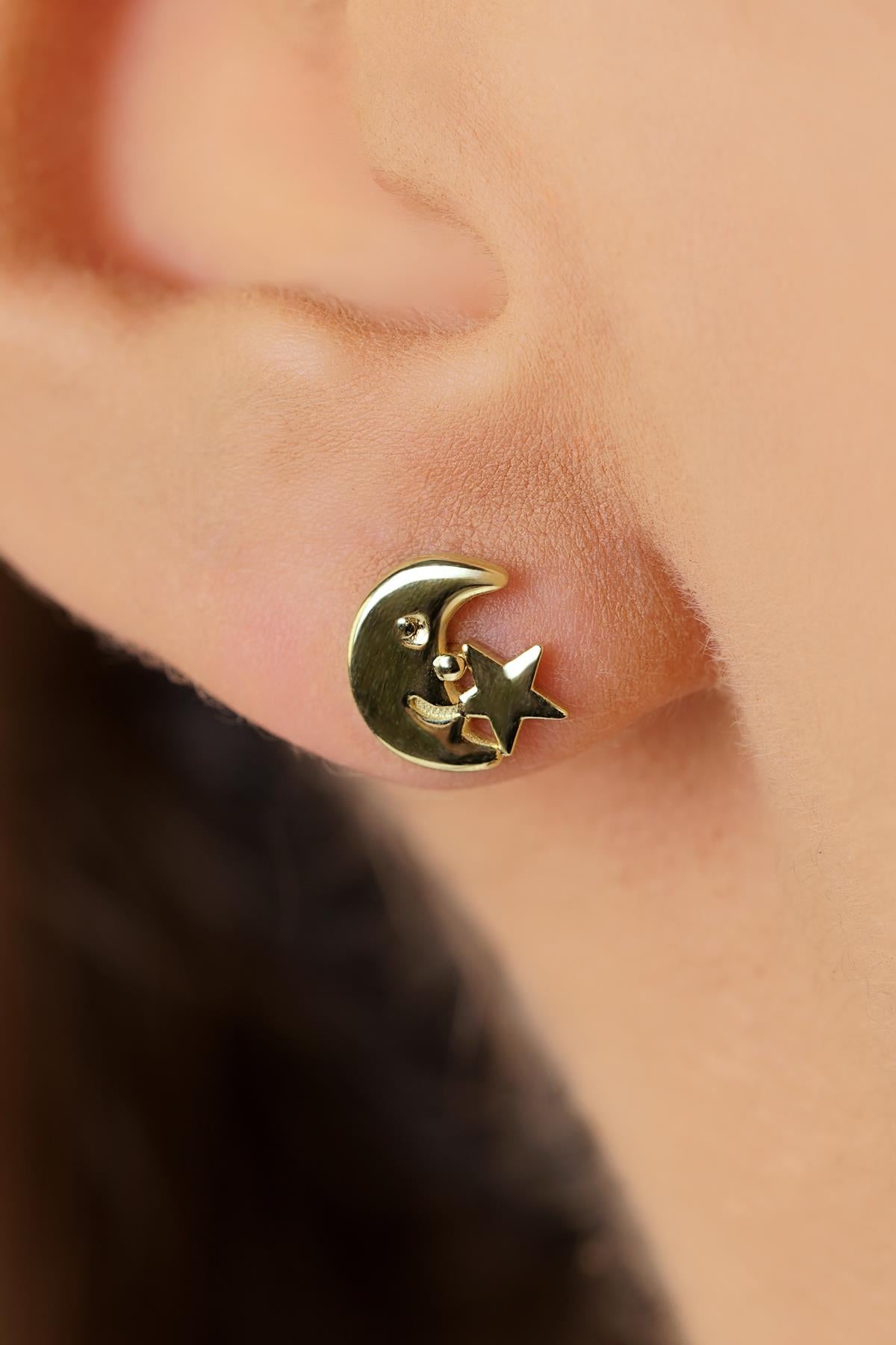 14ct Gold Designer Star & Crescent Studs