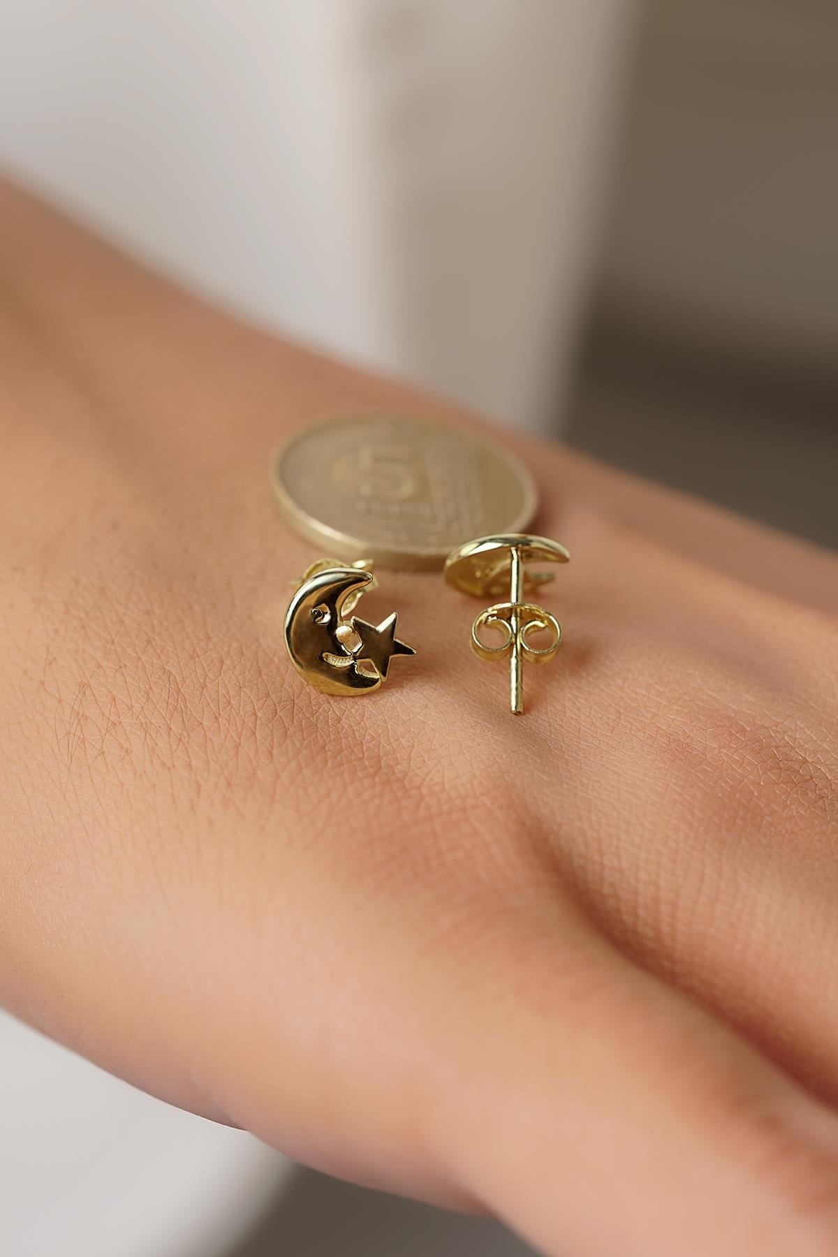 14ct Gold Designer Star & Crescent Studs