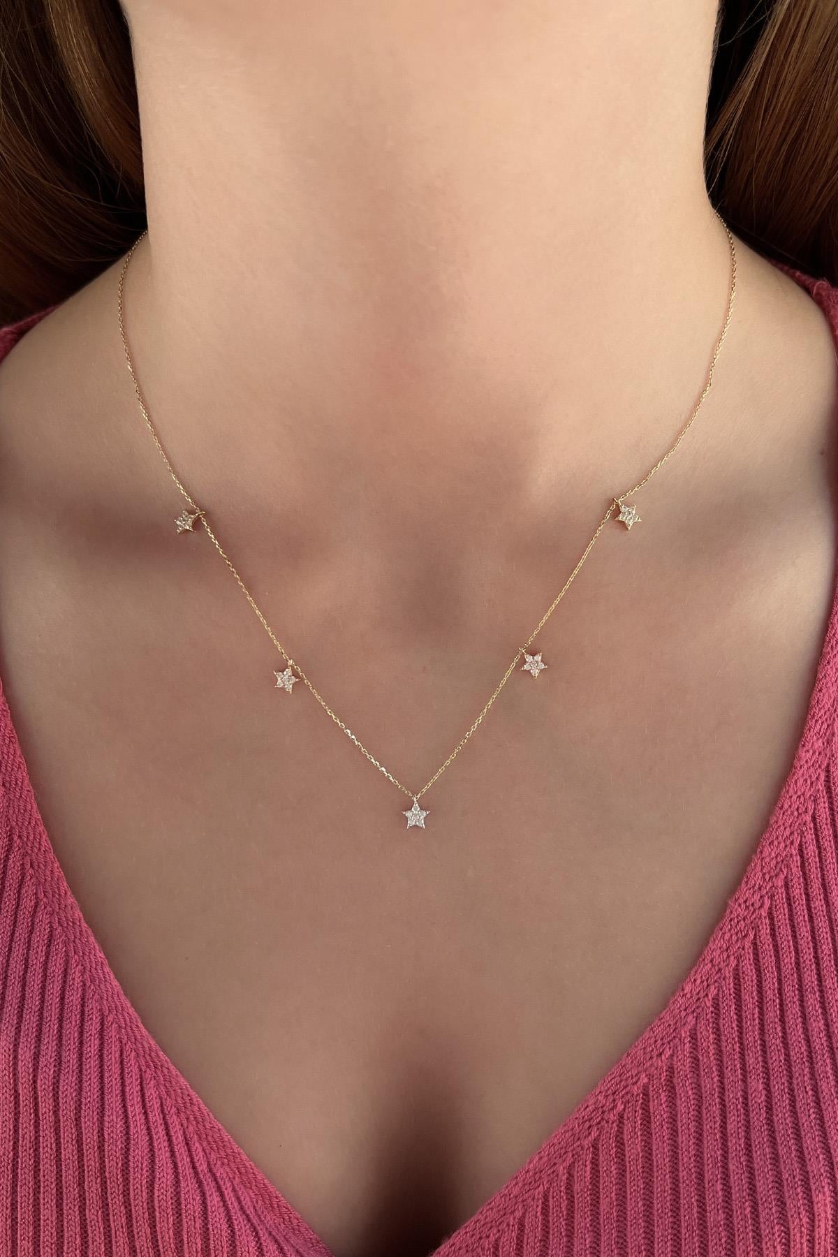 14ct Gold 5 Star Stone Drop Necklace