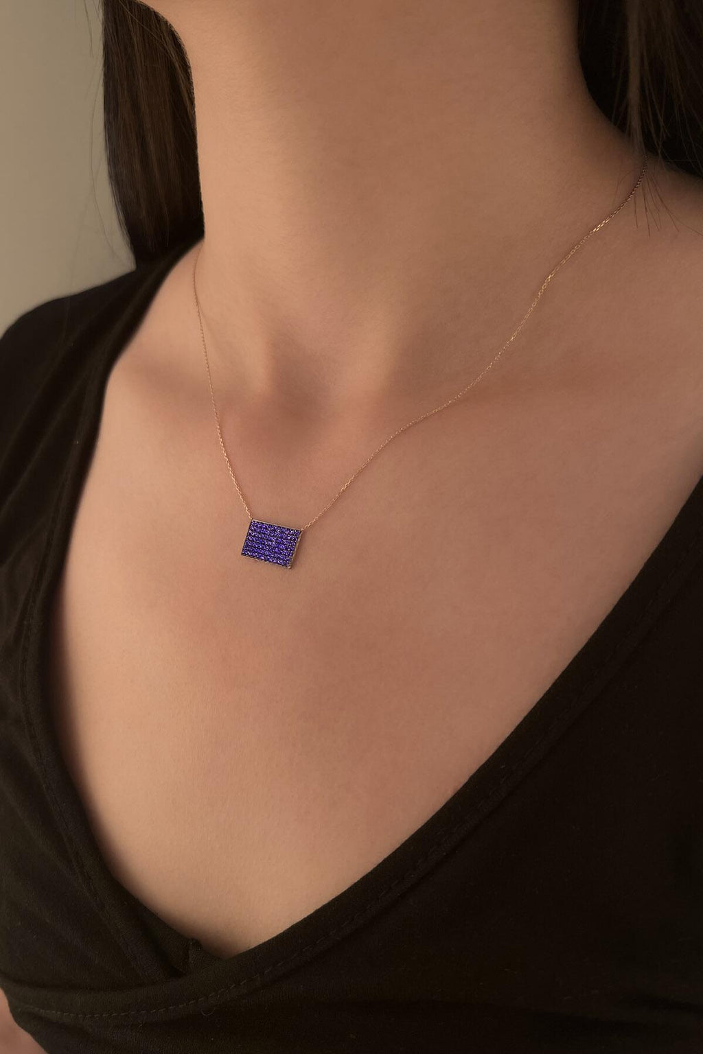 14ct Gold Amethyst Stones Designed Rectangle Necklace