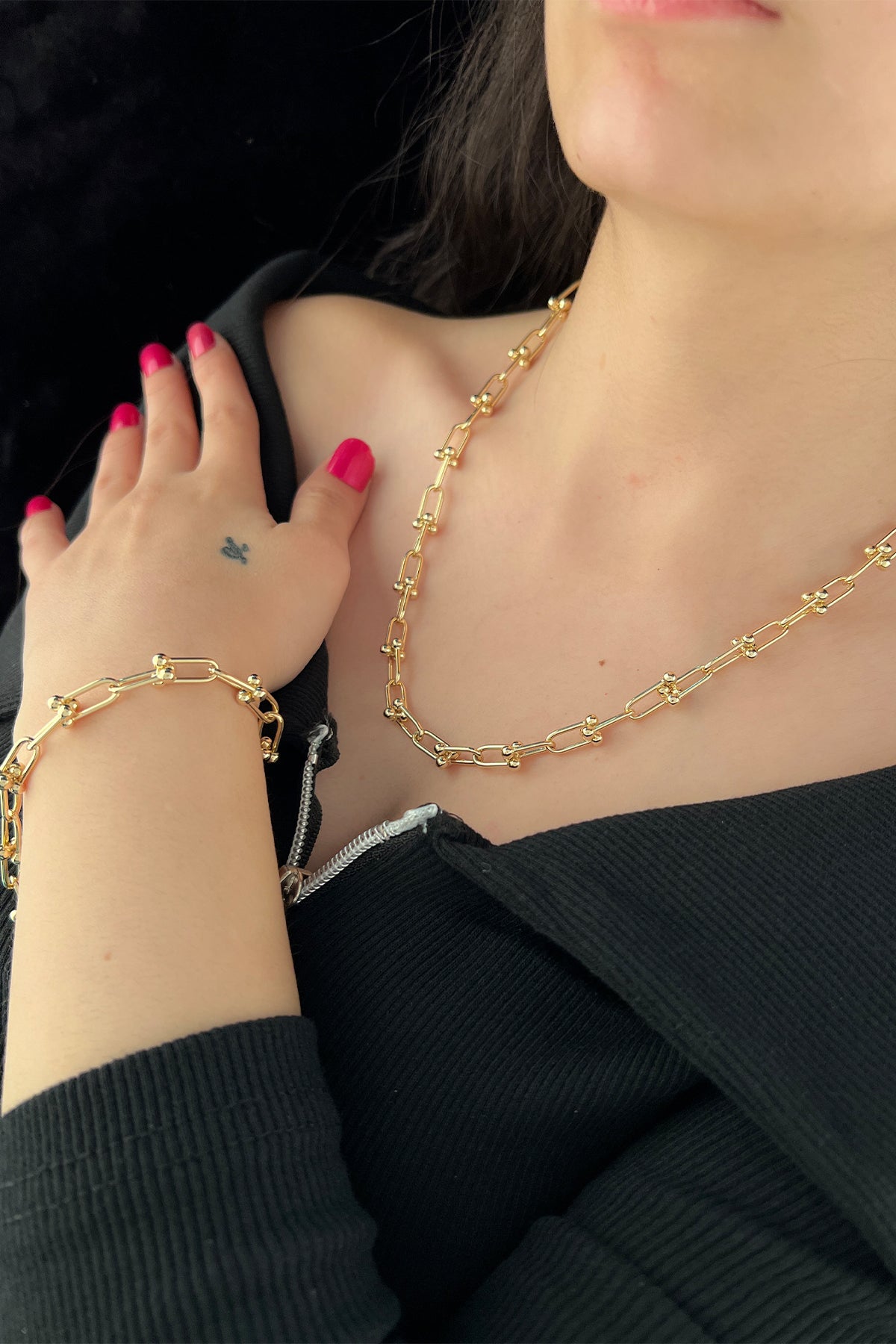 14K Gold Bauble Paperclip Set ( Chain - Bracelet  )