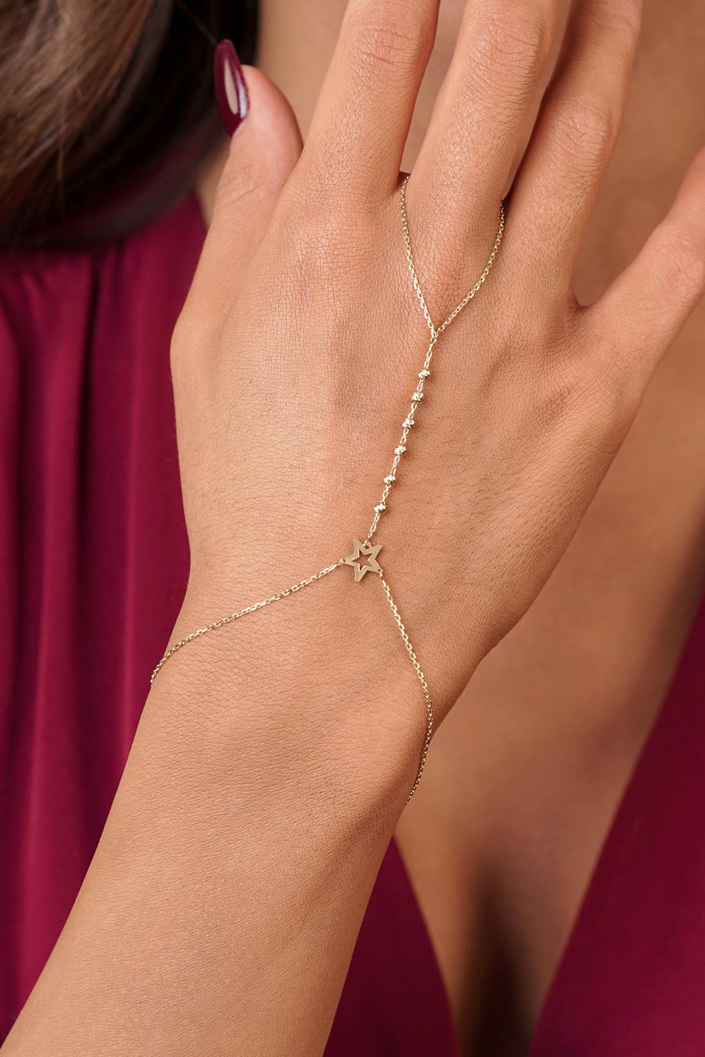 14ct Gold Beaded Hand Chain with Star Detail