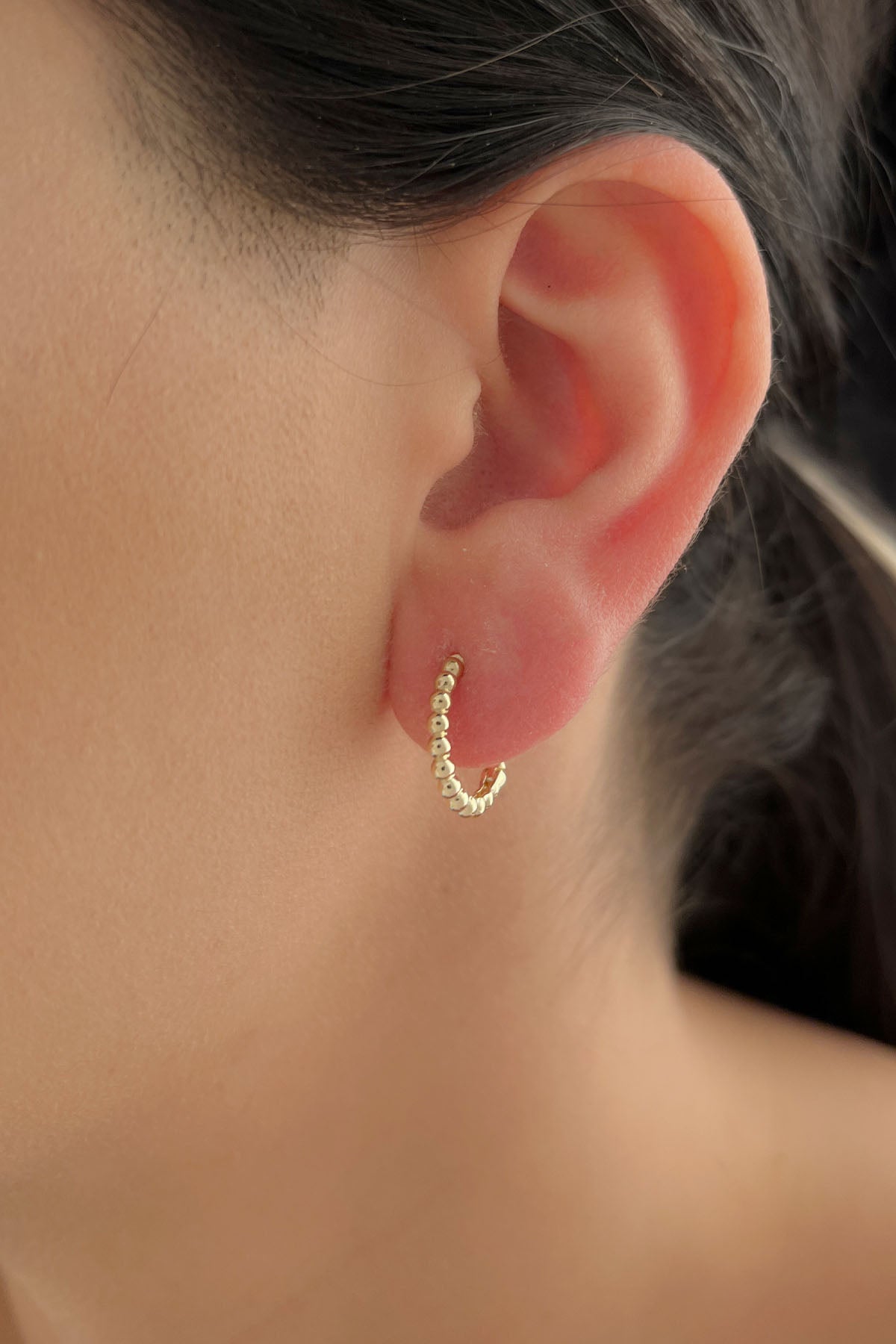 14K Gold Beaded Huggie Earrings
