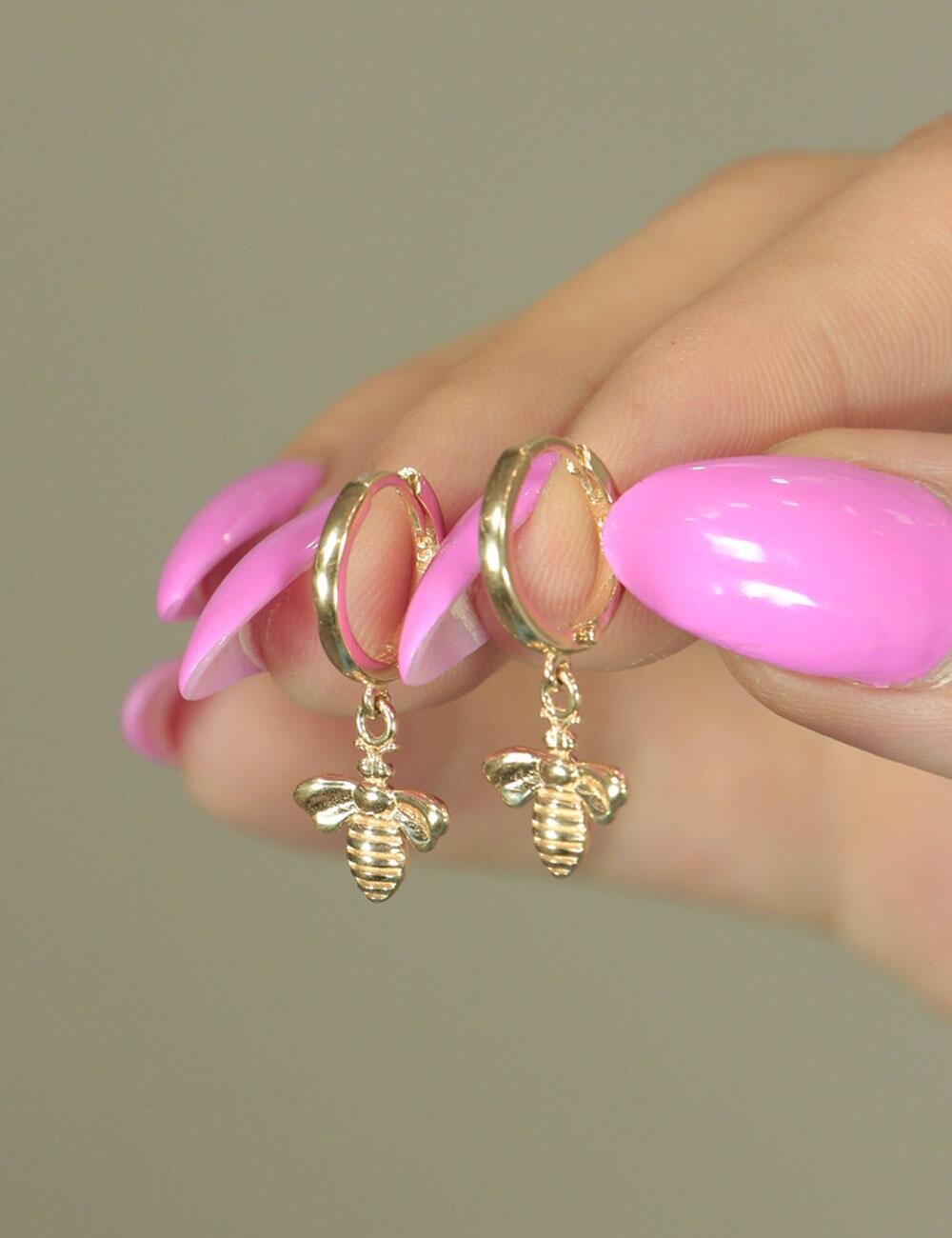 14ct Gold Bee Dangle Huggie Earrings