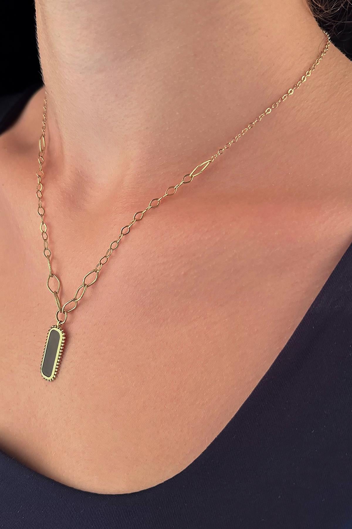 14ct Gold Black Enamel Rectangular Necklace