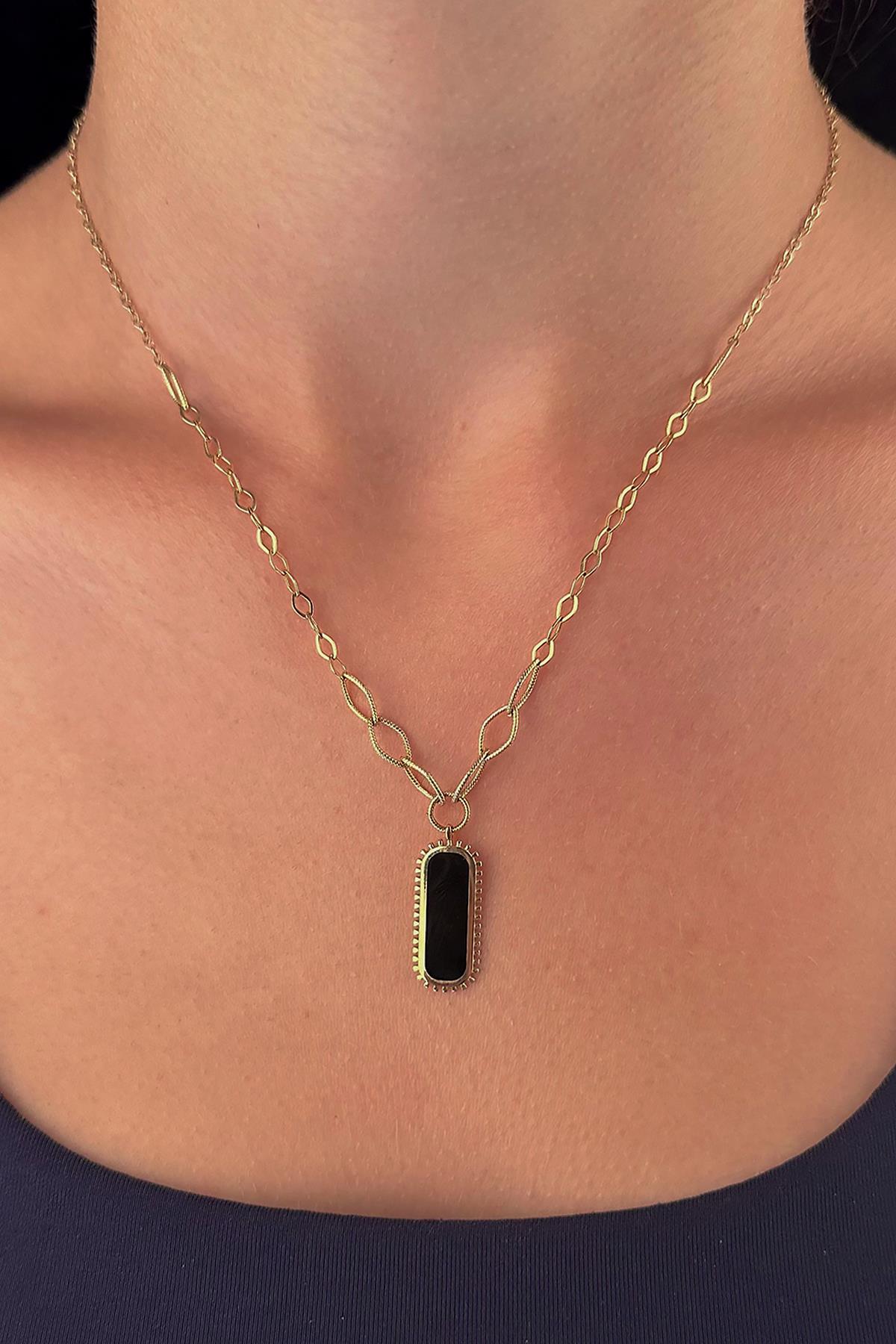 14ct Gold Black Enamel Rectangular Necklace