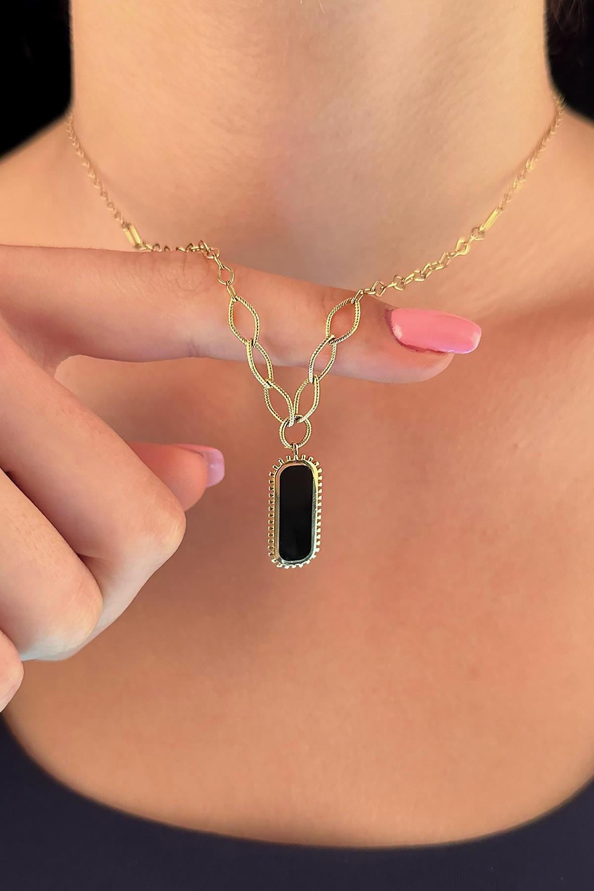 14ct Gold Black Enamel Rectangular Necklace
