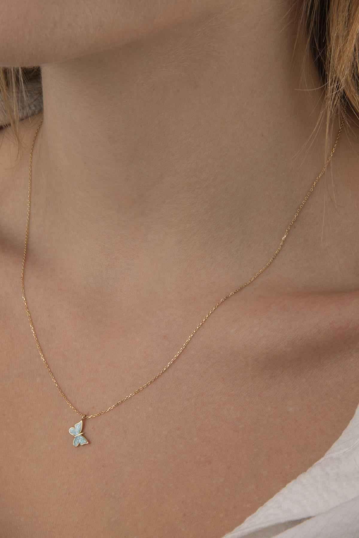 14ct Gold Blue Enamel Butterfly Necklace