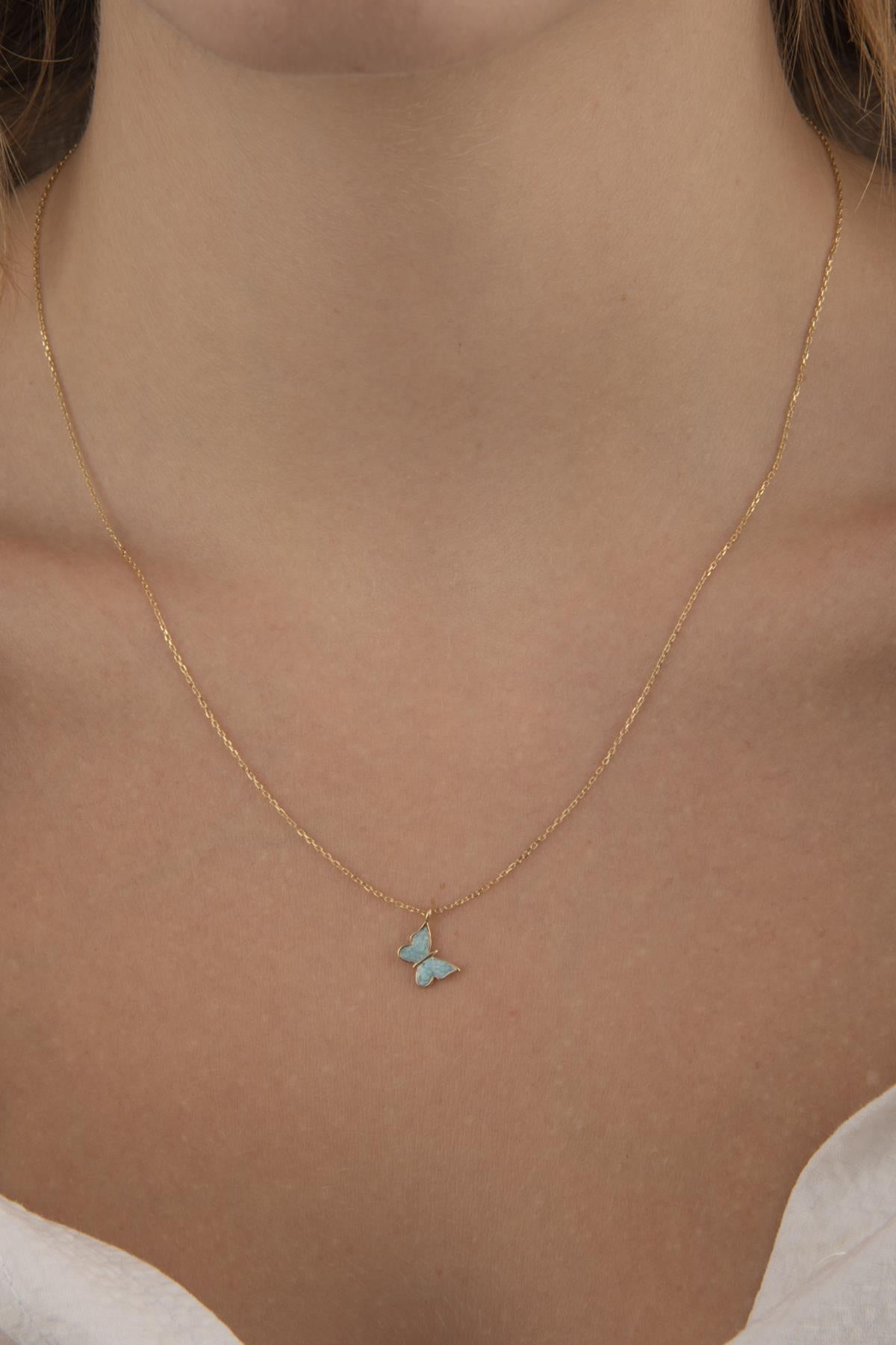 14K Gold Blue Enamel Butterfly Necklace