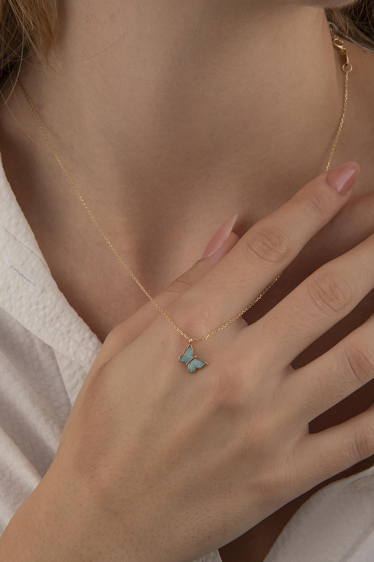 14ct Gold Blue Enamel Butterfly Necklace