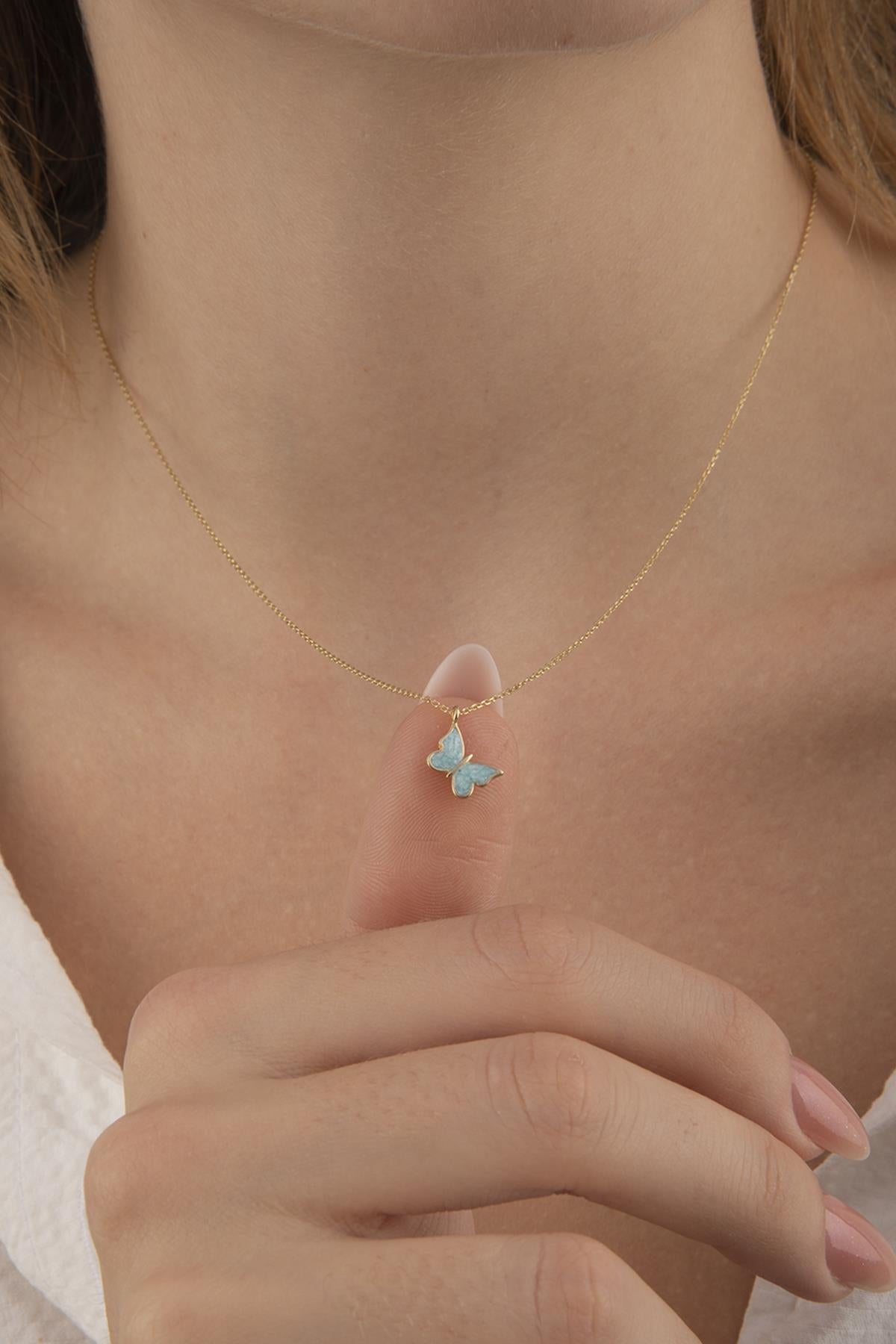 14K Gold Blue Enamel Butterfly Necklace
