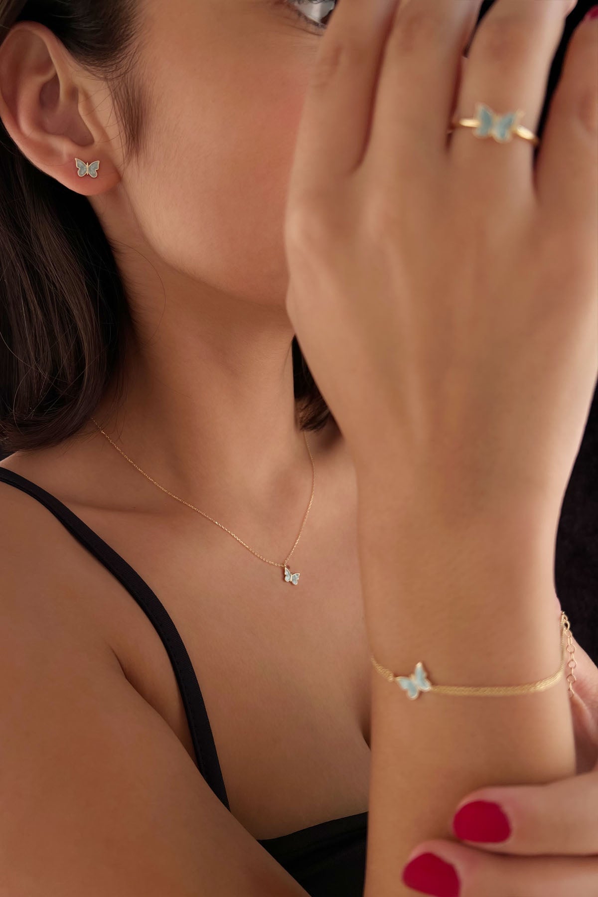 14ct Gold Blue Enamel Butterfly Shape Set