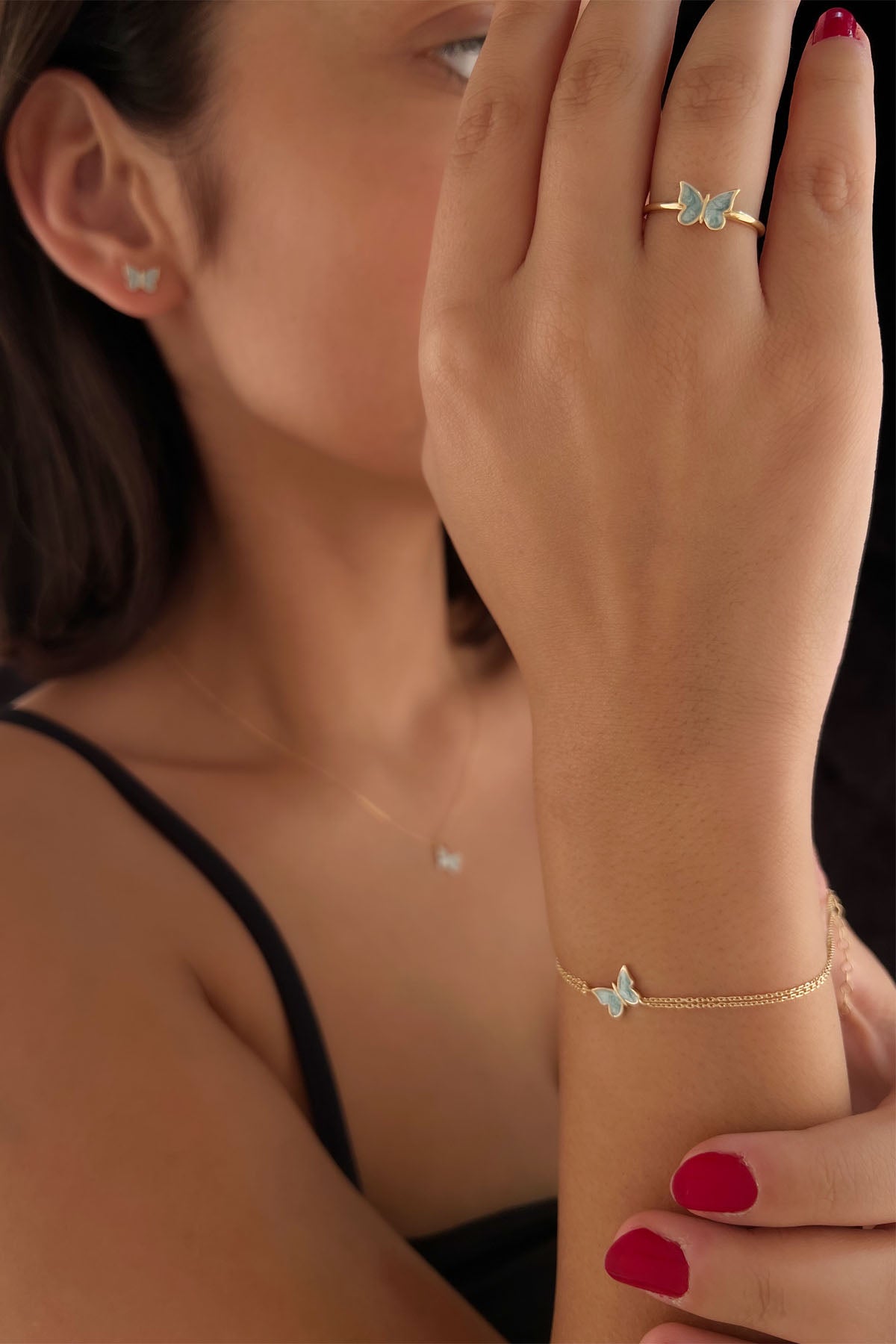 14ct Gold Blue Enamel Butterfly Shape Set