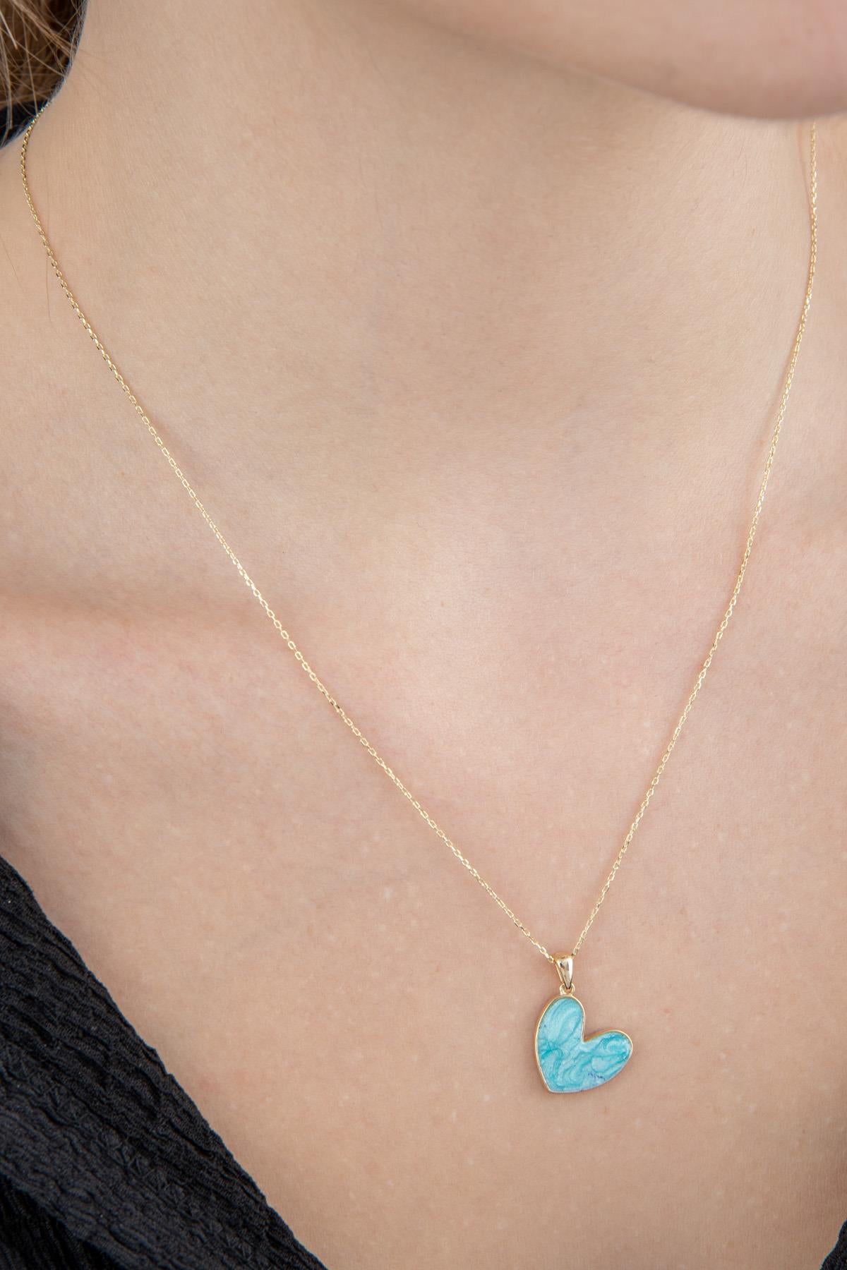 14K Gold Blue Enamel Heart Shape Necklace