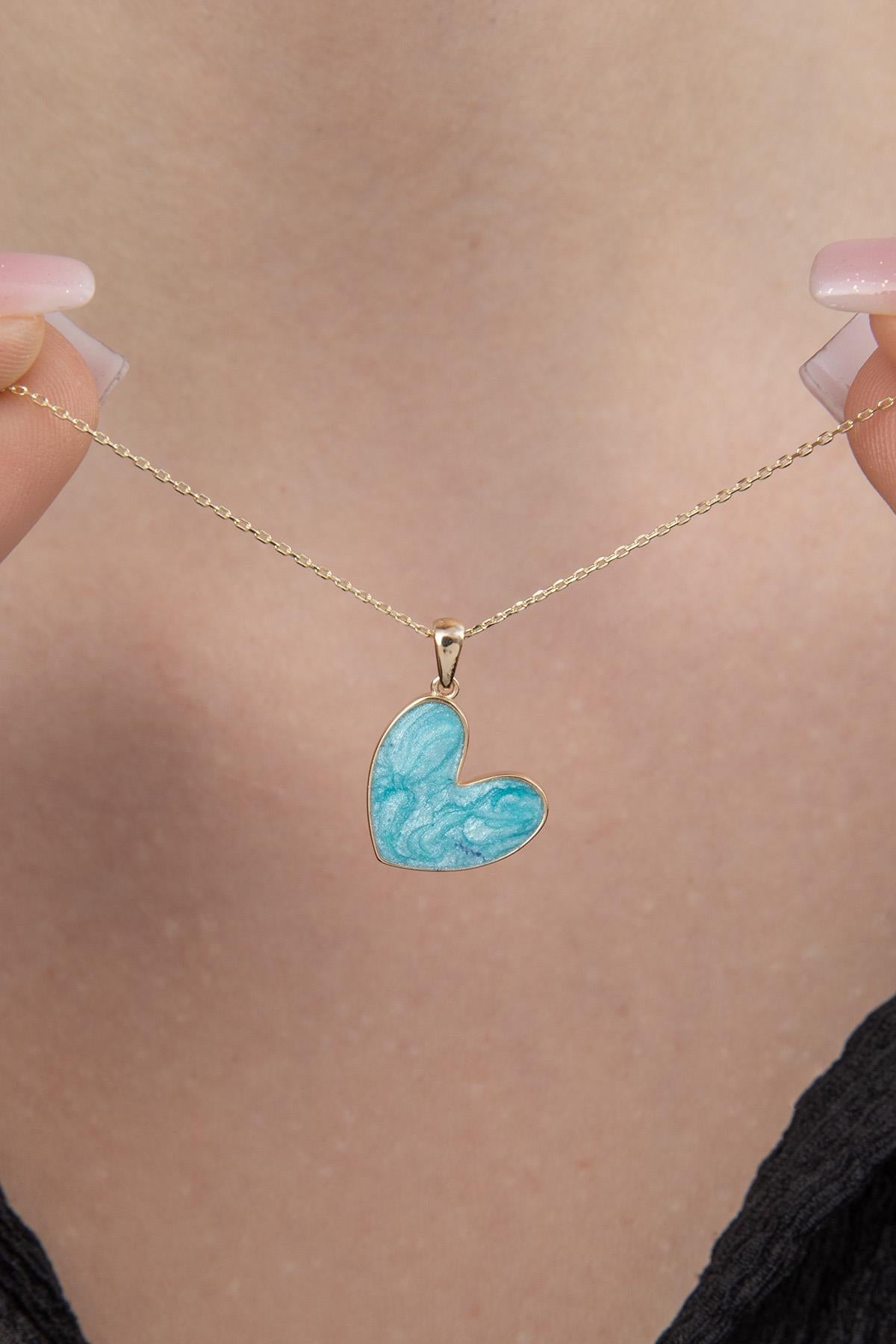 14K Gold Blue Enamel Heart Shape Necklace