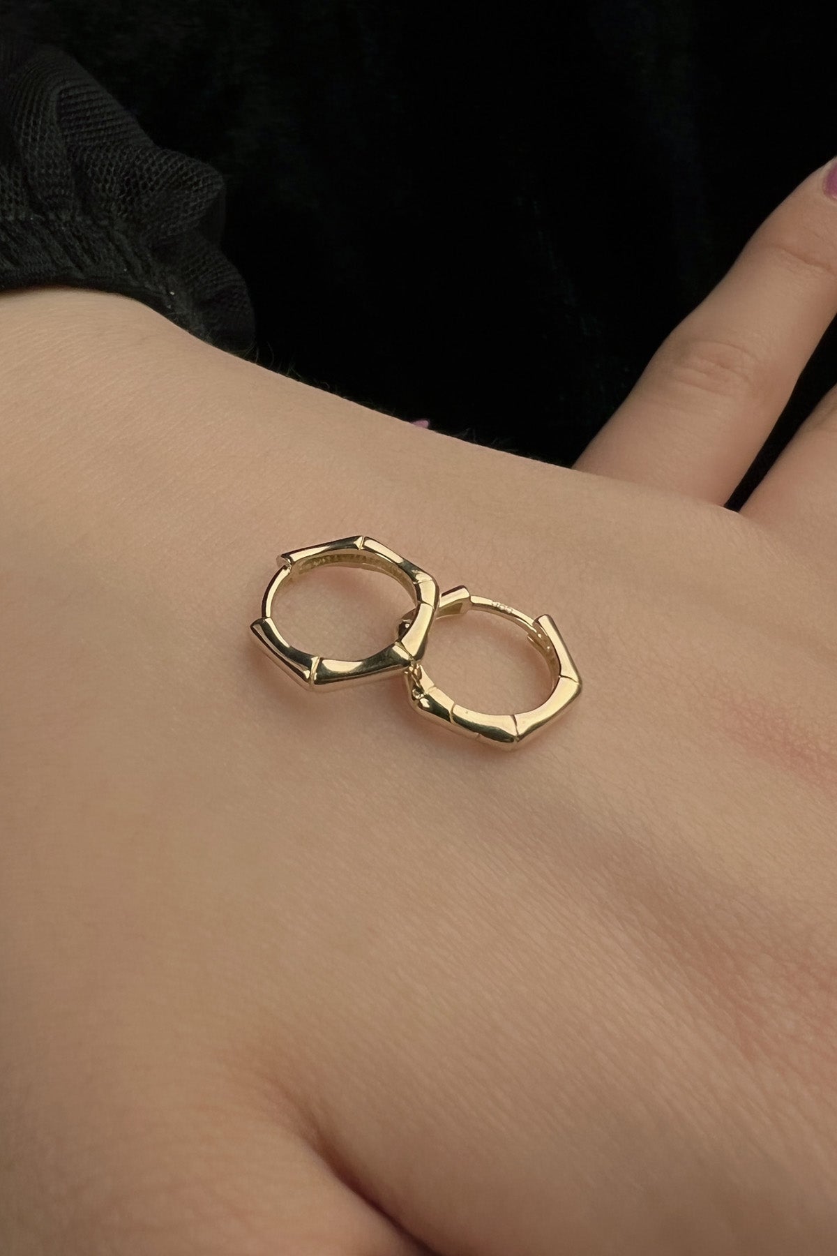 14ct Gold Bone Shape Hexagon Huggie Hoop Earrings