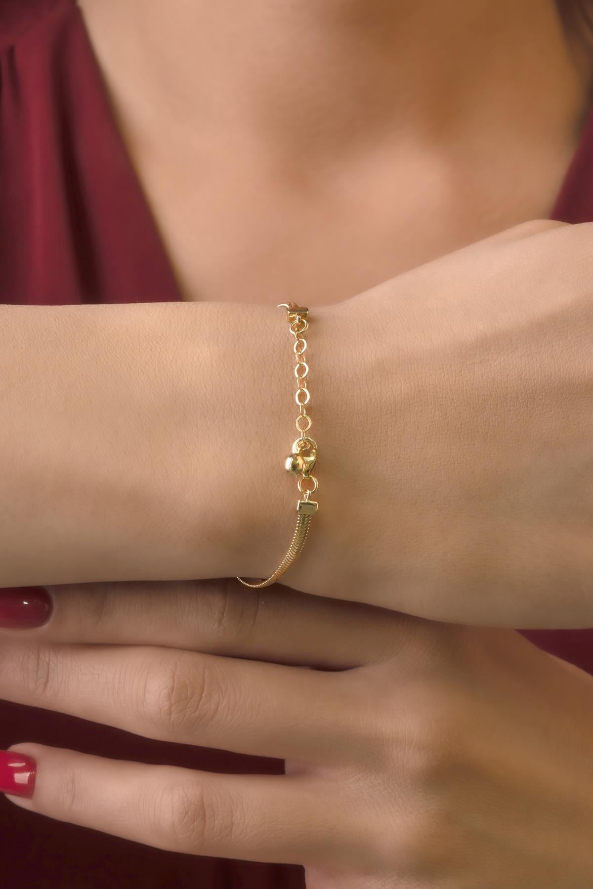 14K Gold Classic Snake Chain Bracelet With Four Leaf Clover Evil Eye Charm
