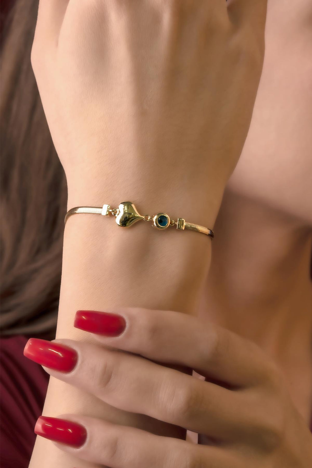 14ct Gold Classic Snake Chain Bracelet With Puffy Heart Evil Eye Charm